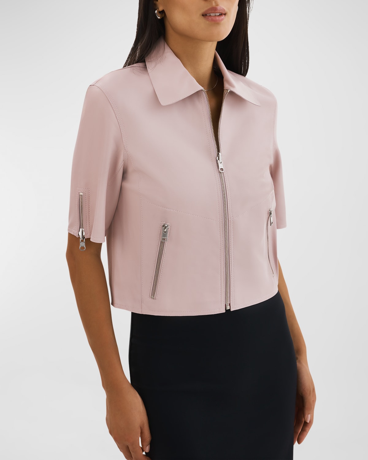 Shop Lamarque Sevana Reversible Short-sleeve Leather Jacket In Rose/silver Foil