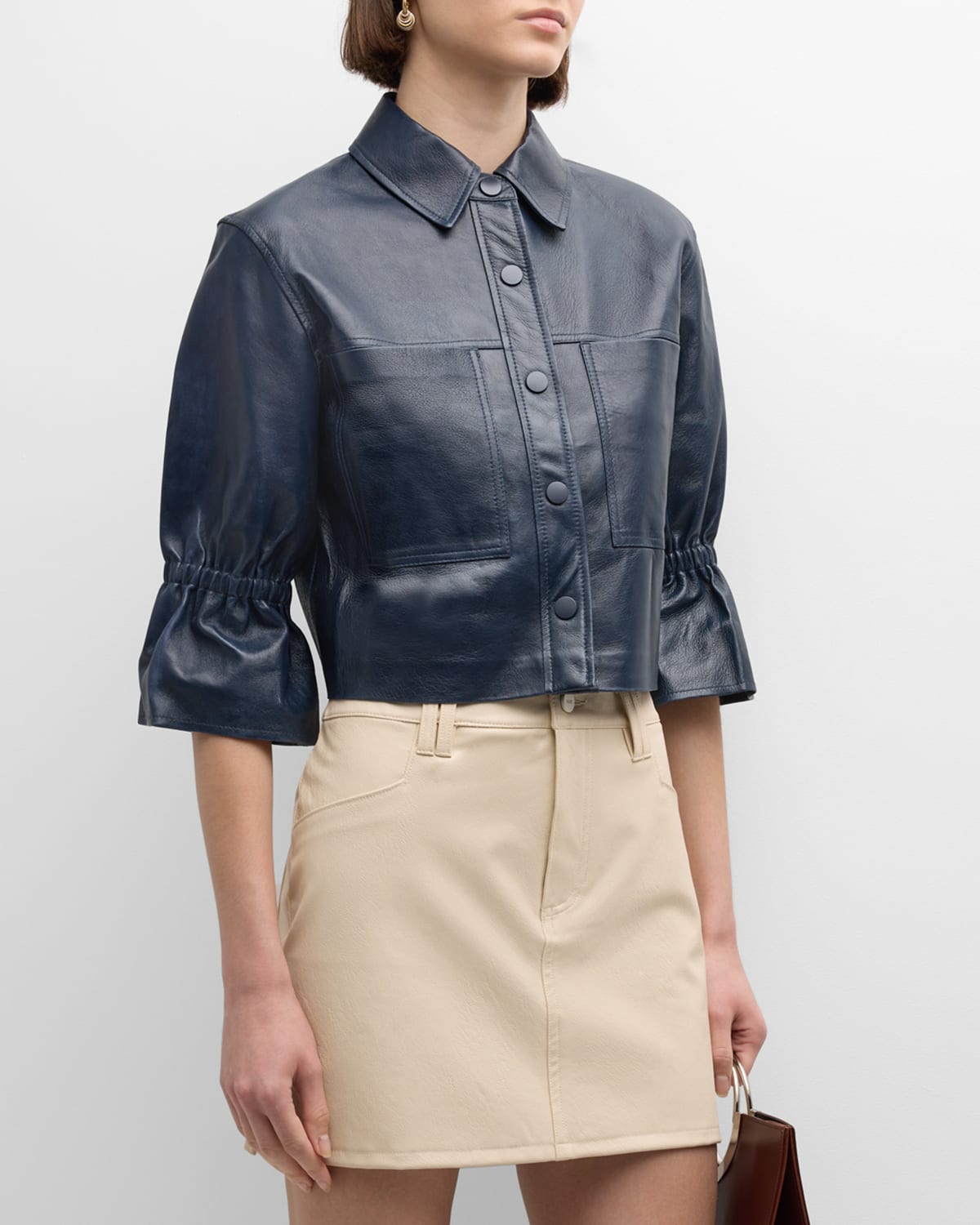Lamarque Carolina Cropped Ruffle-sleeve Leather Jacket In Blue