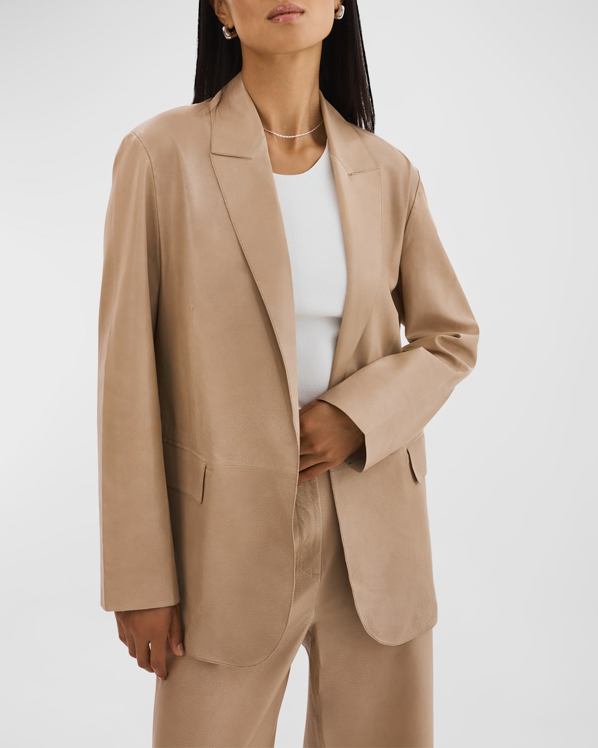 Shop Lamarque Quirina Relaxed-fit Open-front Leather Blazer In Beige