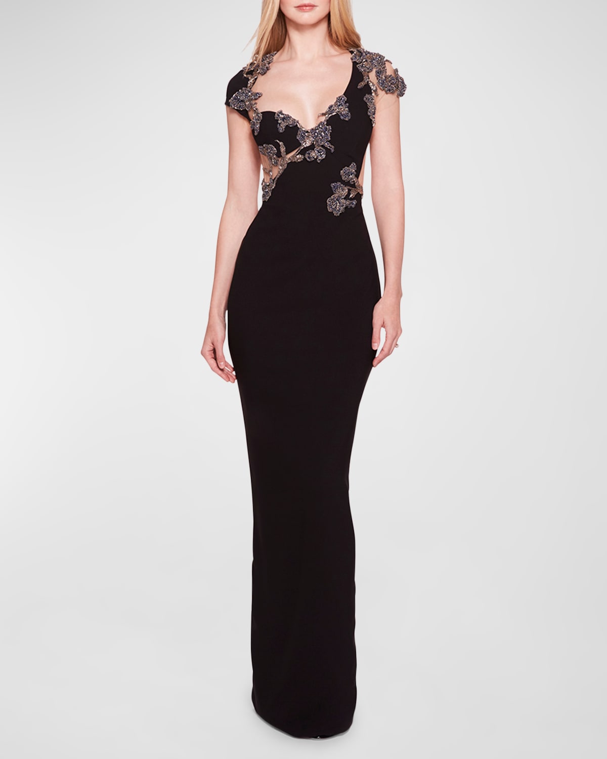 Marchesa Floral Crystal Embellished Cap-sleeve Open-back Column Gown In Black