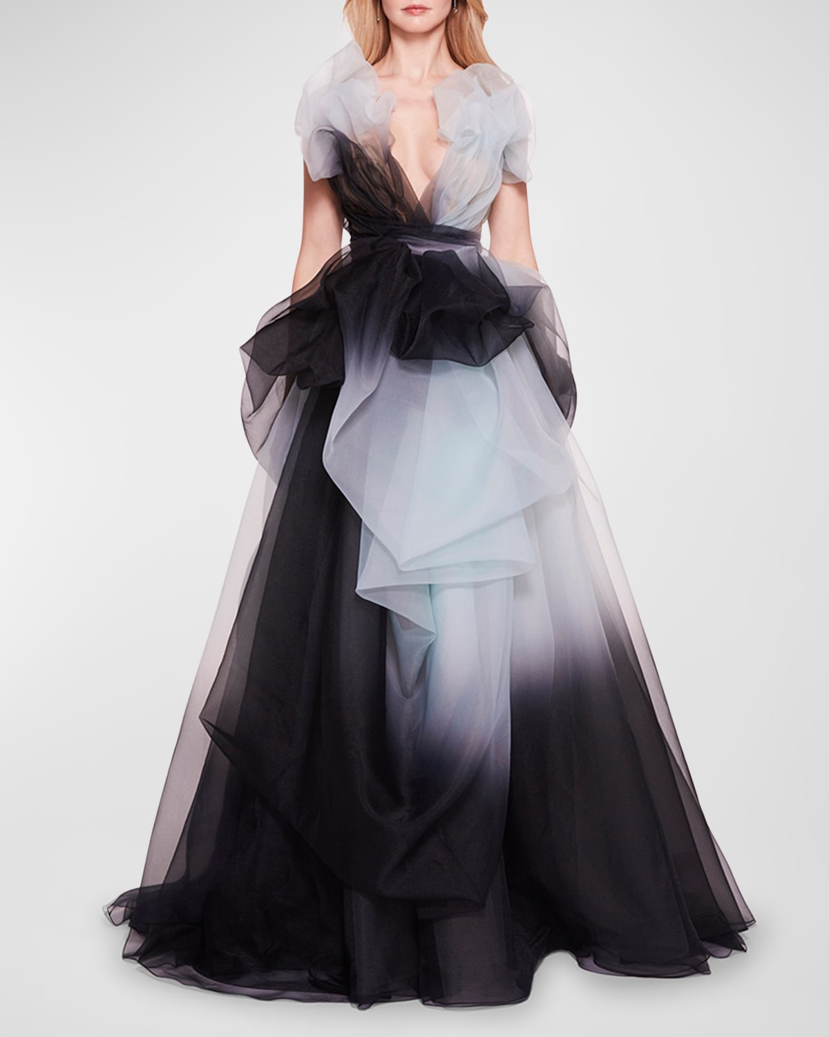 Marchesa Plunging Draped Degrade Organza Open-back Gown In Mint Black