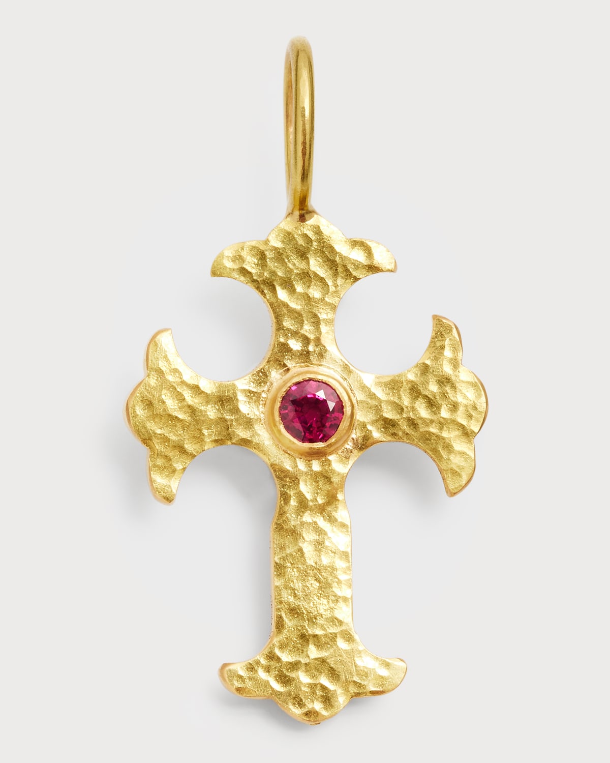 19K Yellow Gold Gothic Cross Pendant with 3.5mm Ruby Center