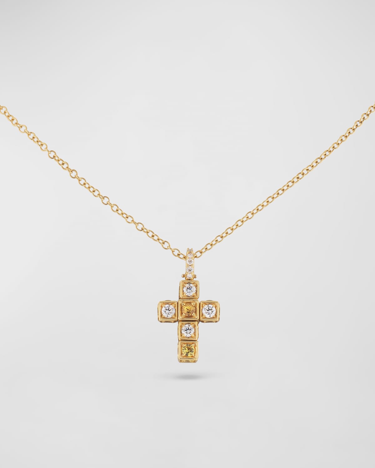 18K Yellow Gold Faro Cross Adjustable Necklace with Diamond and Yellow Sapphire Cubes