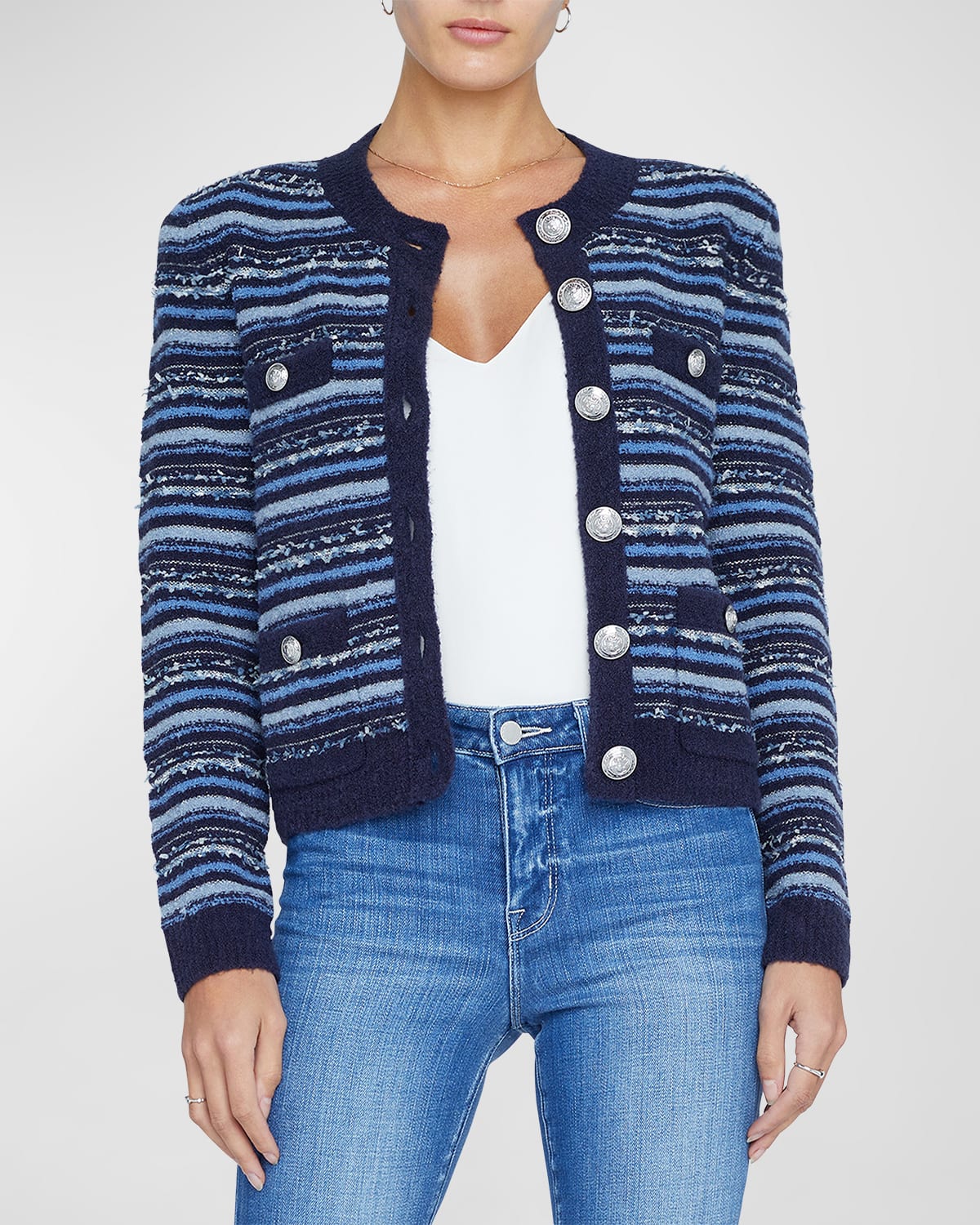 Shop L Agence Woodson Stripe Knit Jacket In Blue Multi