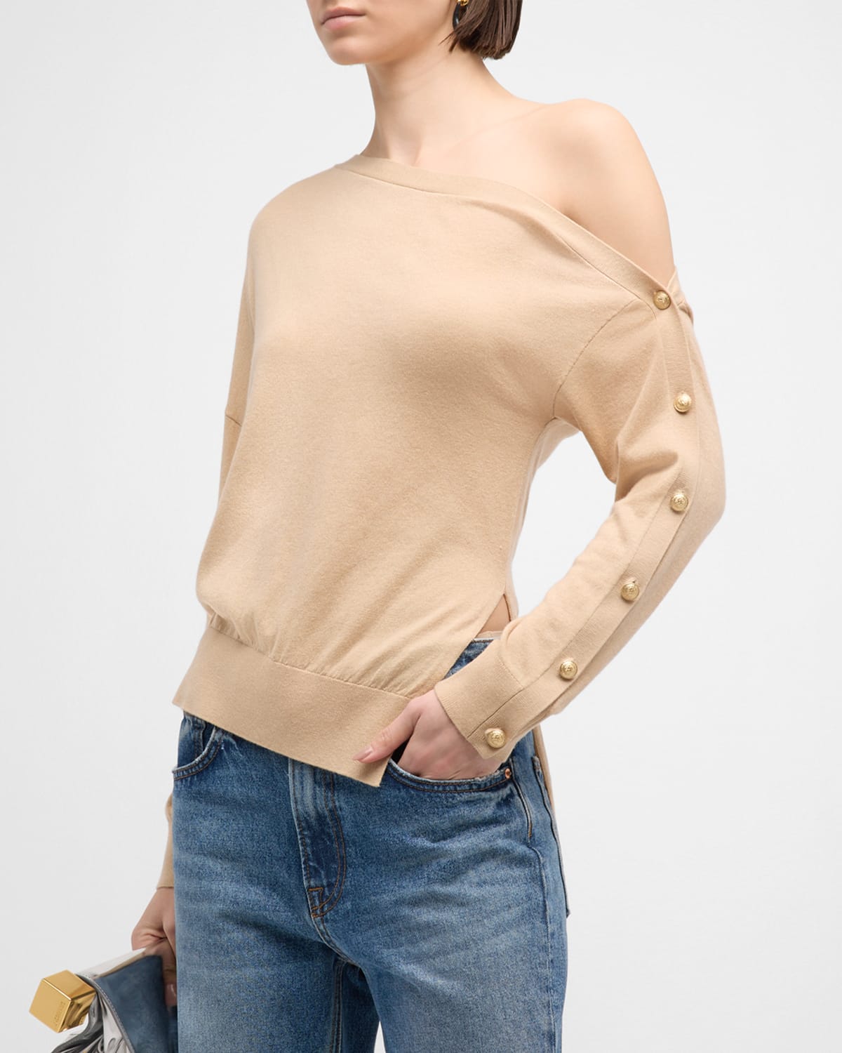 L Agence Ledger Off-the-shoulder Button Sweater In Almond