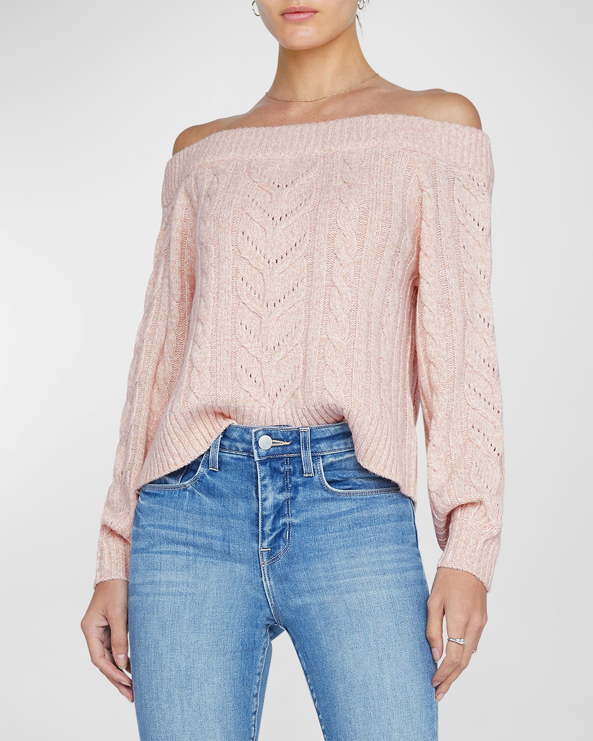 L Agence Waistcoat Cable-knit Off-the-shoulder Jumper In Pale Nude