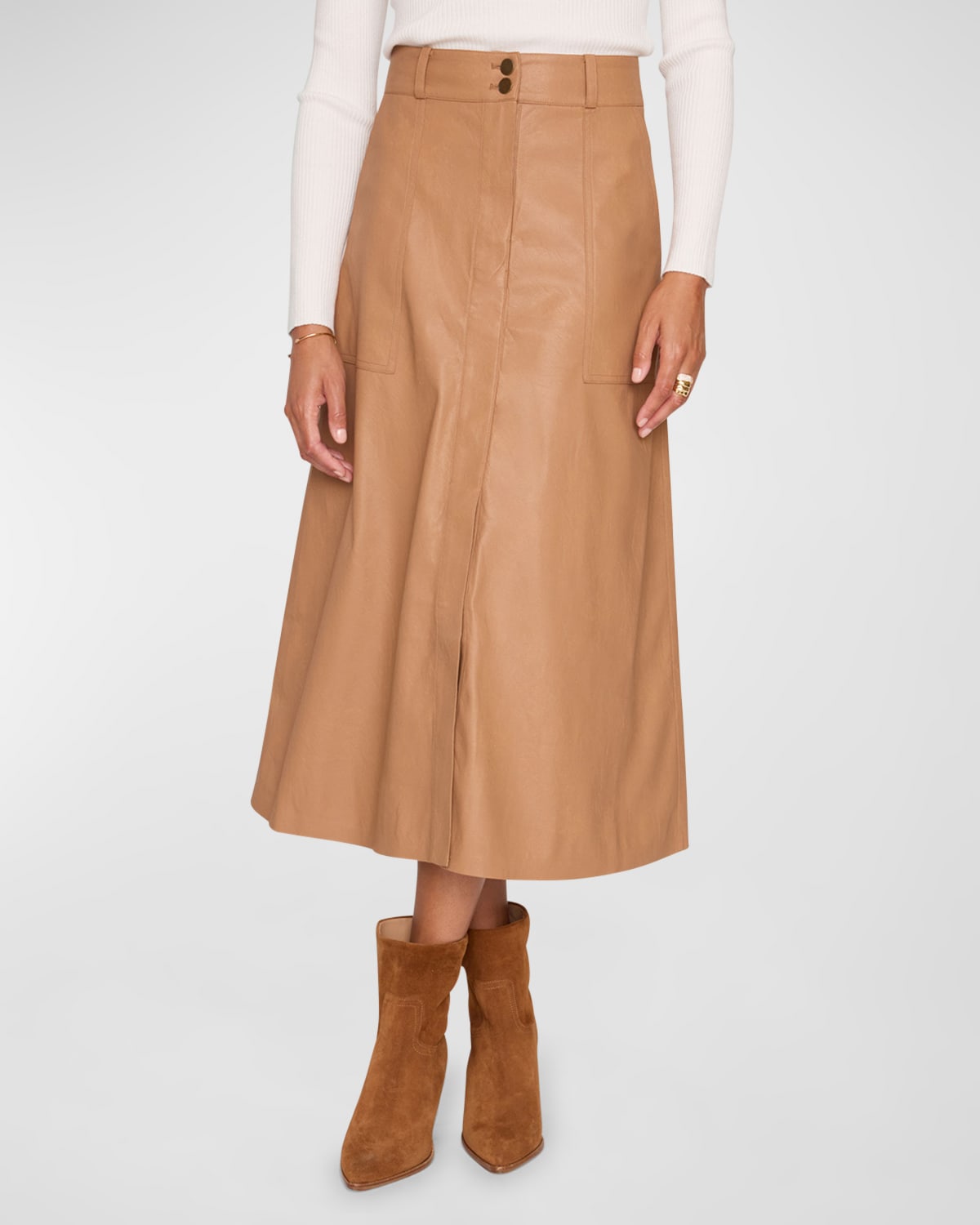 Mica A-Line Vegan Leather Midi Skirt