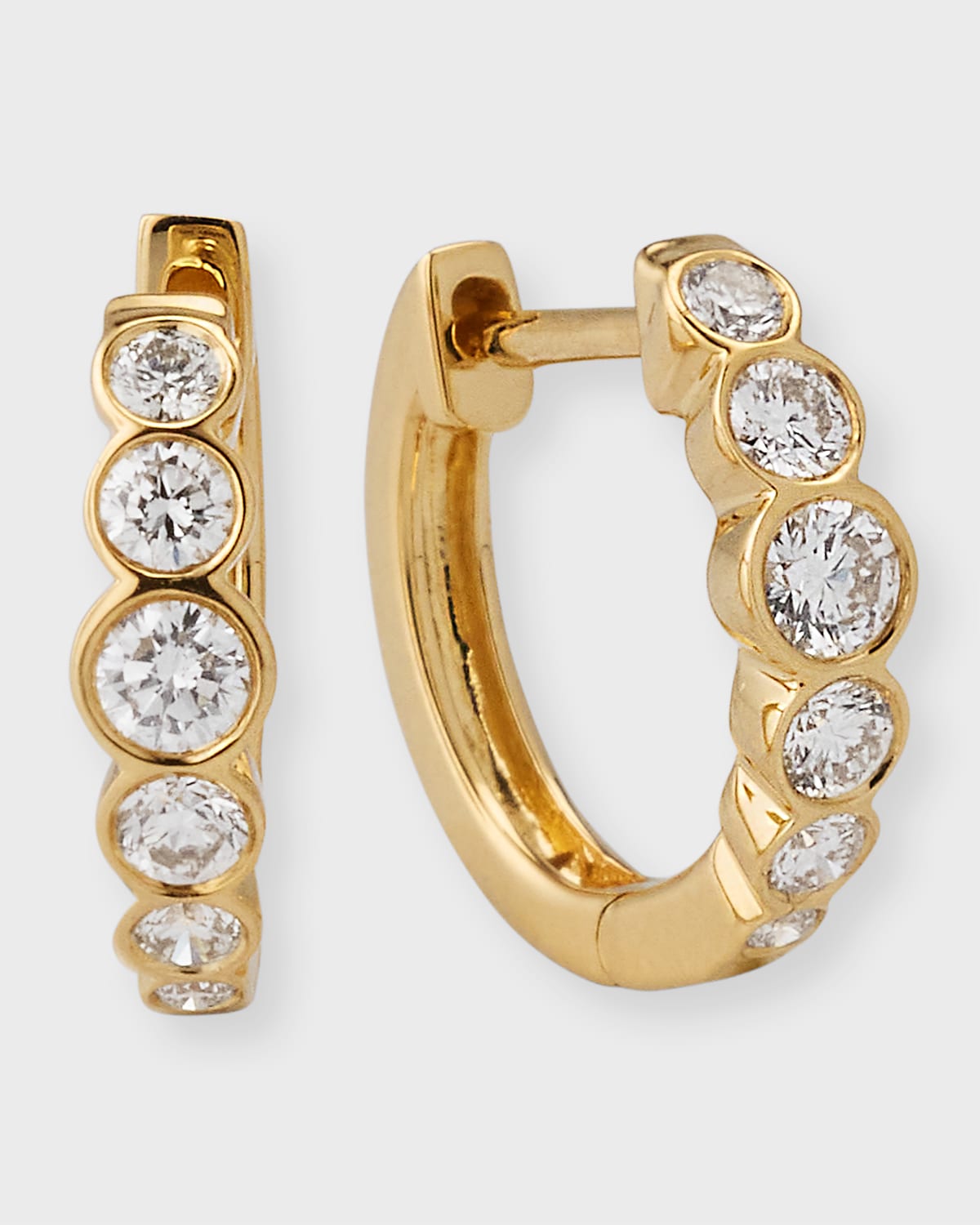 18K Yellow Gold Bezeled Round Diamond Beverly Huggie Earrings