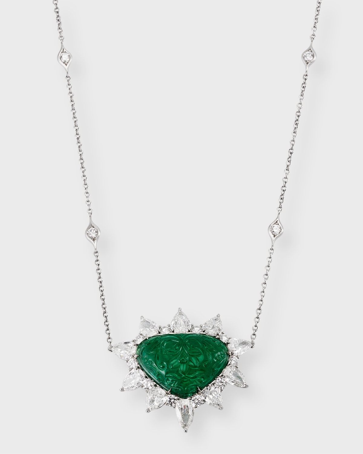 Bayco Platinum Hand-carved Emerald And Diamond Pendant Necklace In Green