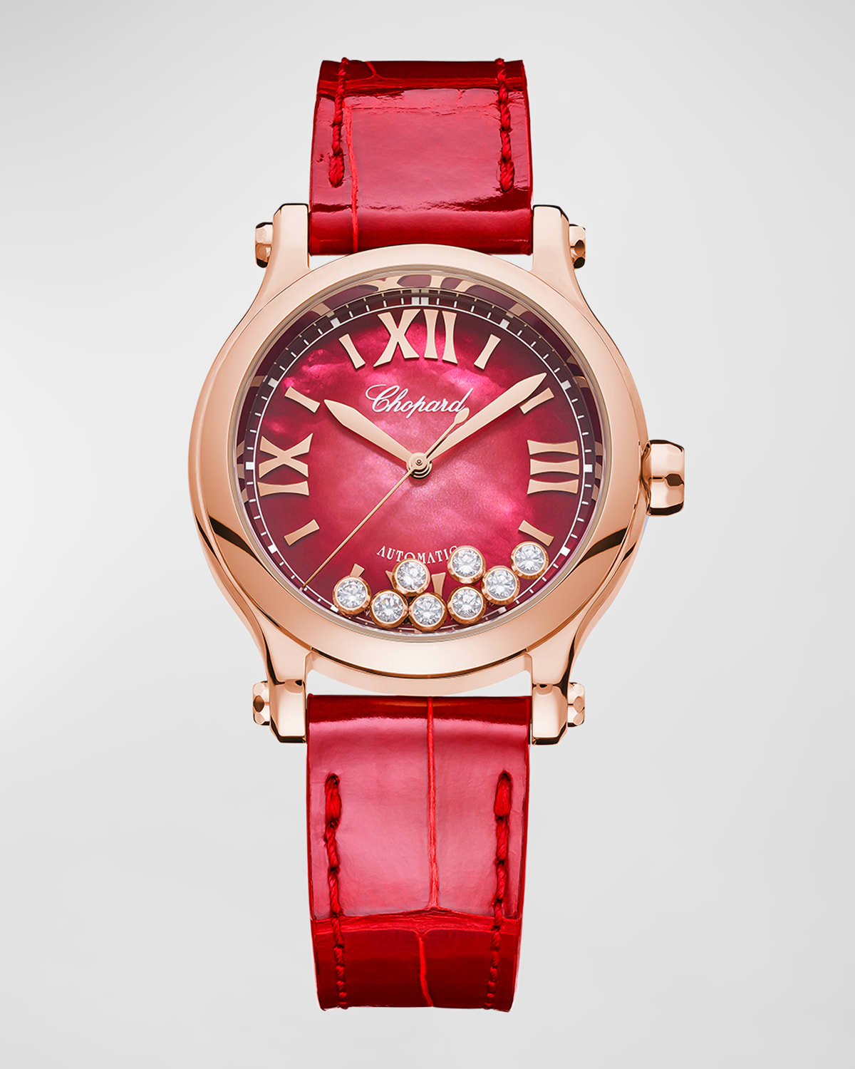 Happy Sport 33mm 18K Rose Gold Diamond & Red Dial Watch