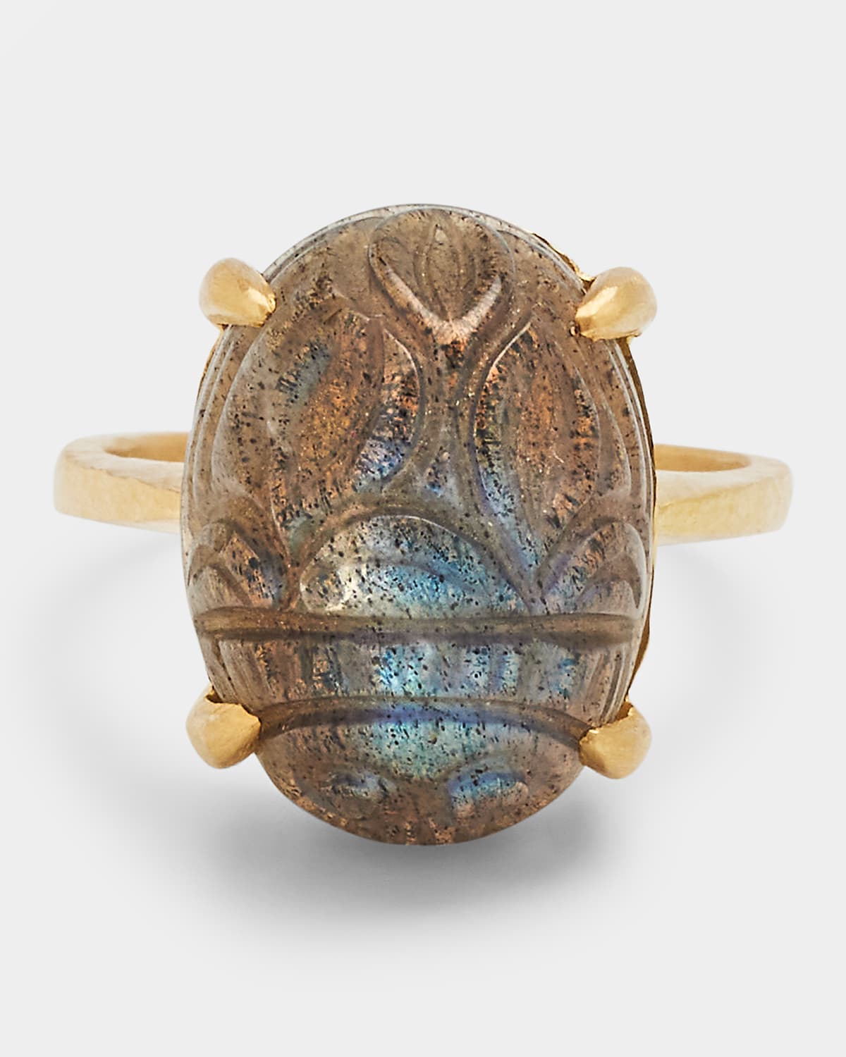 Small Labradorite Scarab Ring with Thin Hammered Prongs, Size 6.5