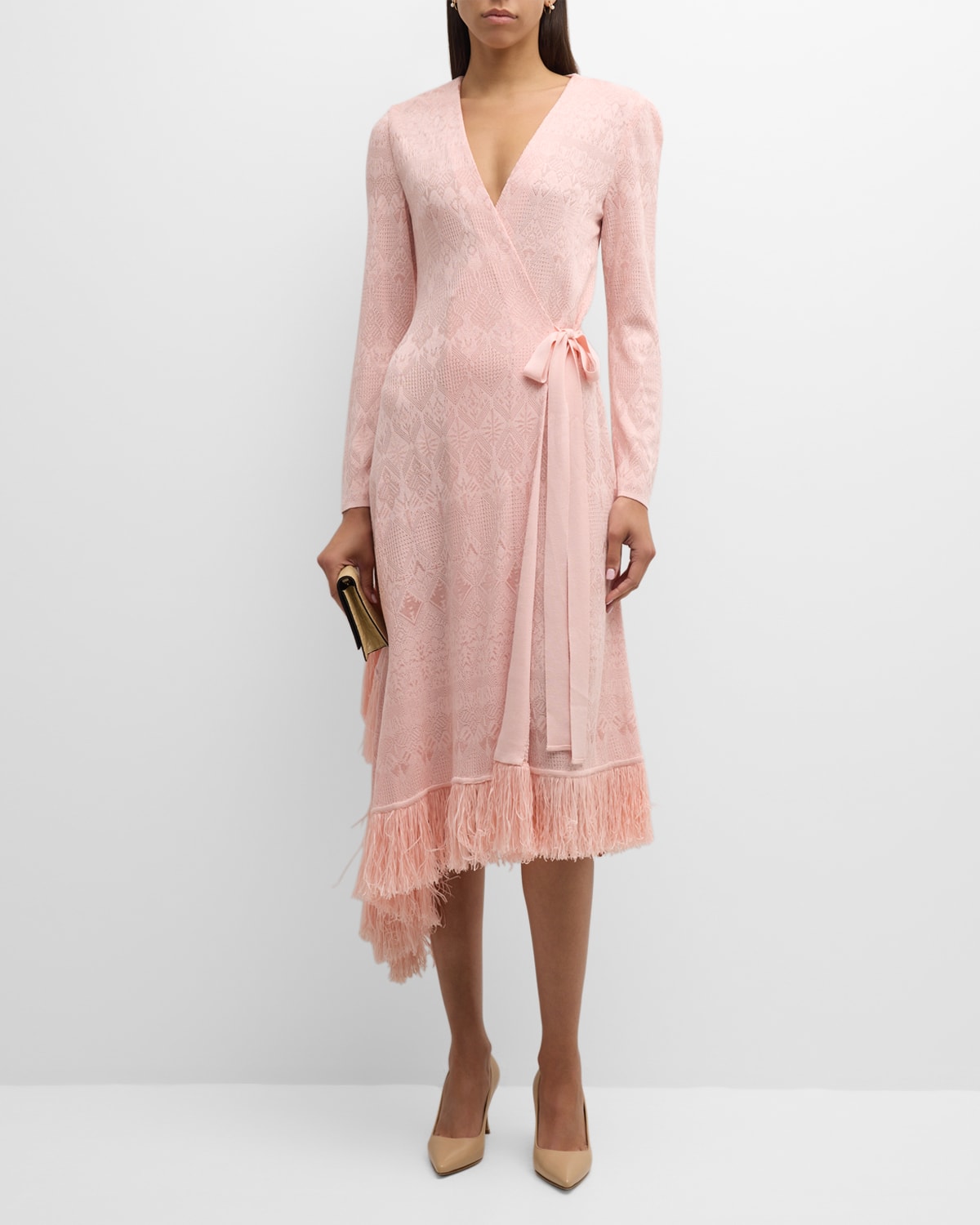Misook Fringe-hem Jacquard-knit Midi Wrap Dress In Porcelain Pink