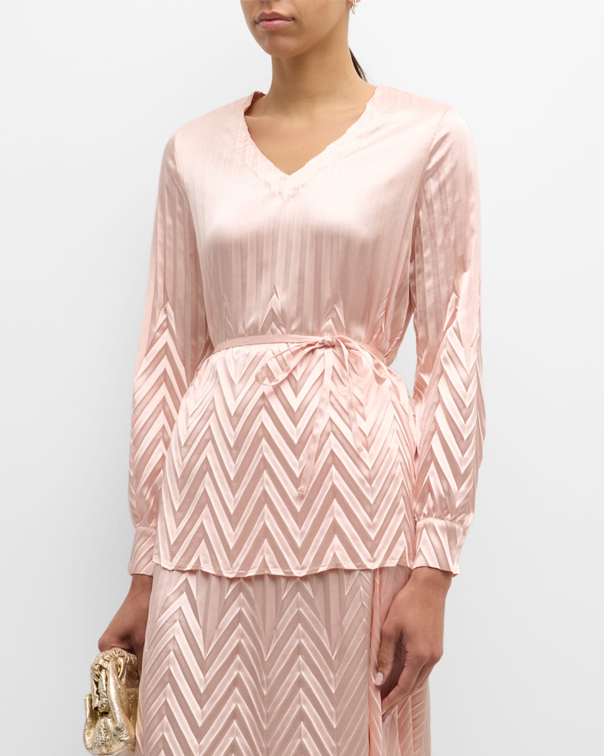 Pleated Belted Crepe De Chine Blouse