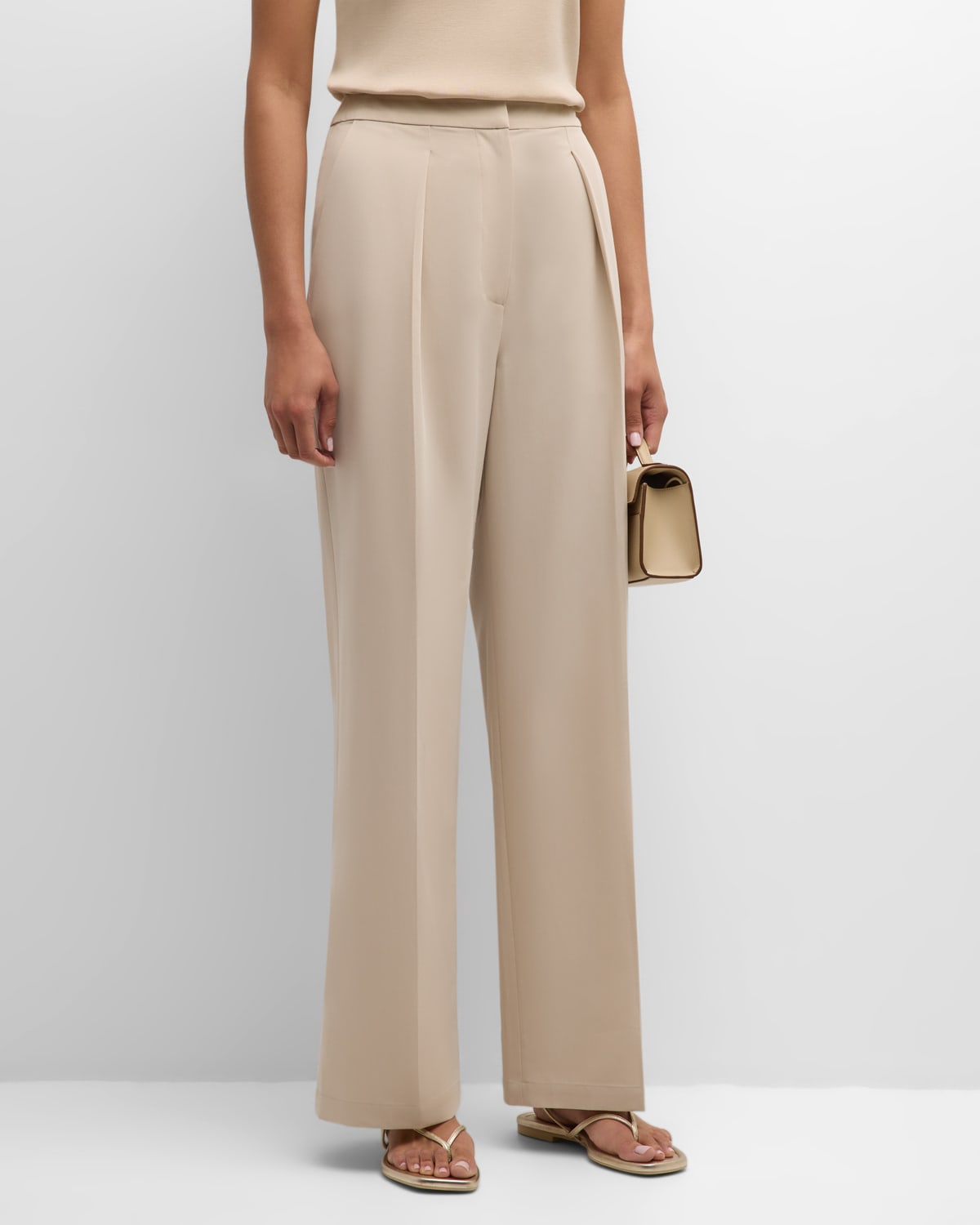 Shop Misook Pleated Mid-rise Straight-leg Woven Pants In Biscotti