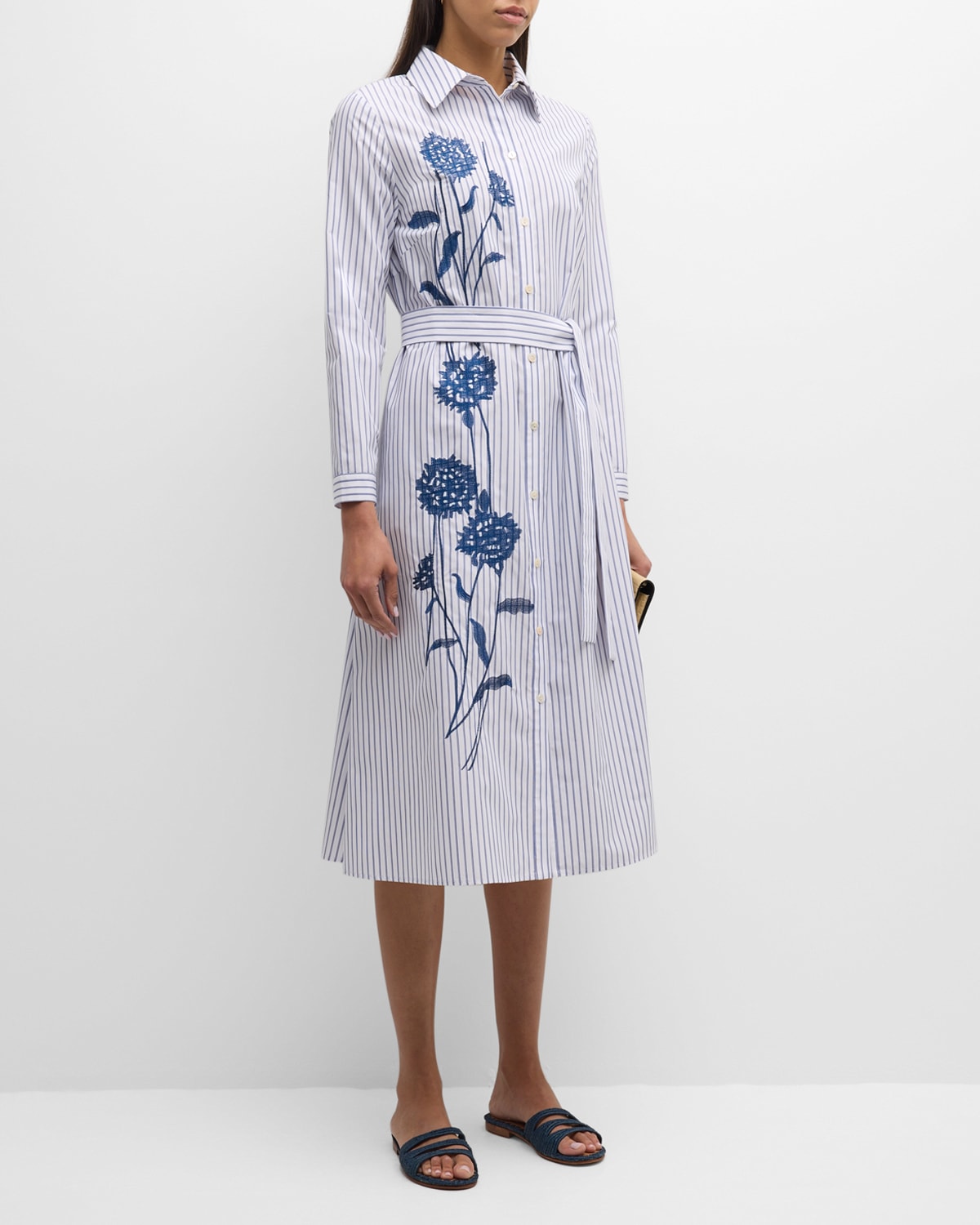 Shop Misook Striped Floral-embroidered Midi Shirtdress In Mazarine/white