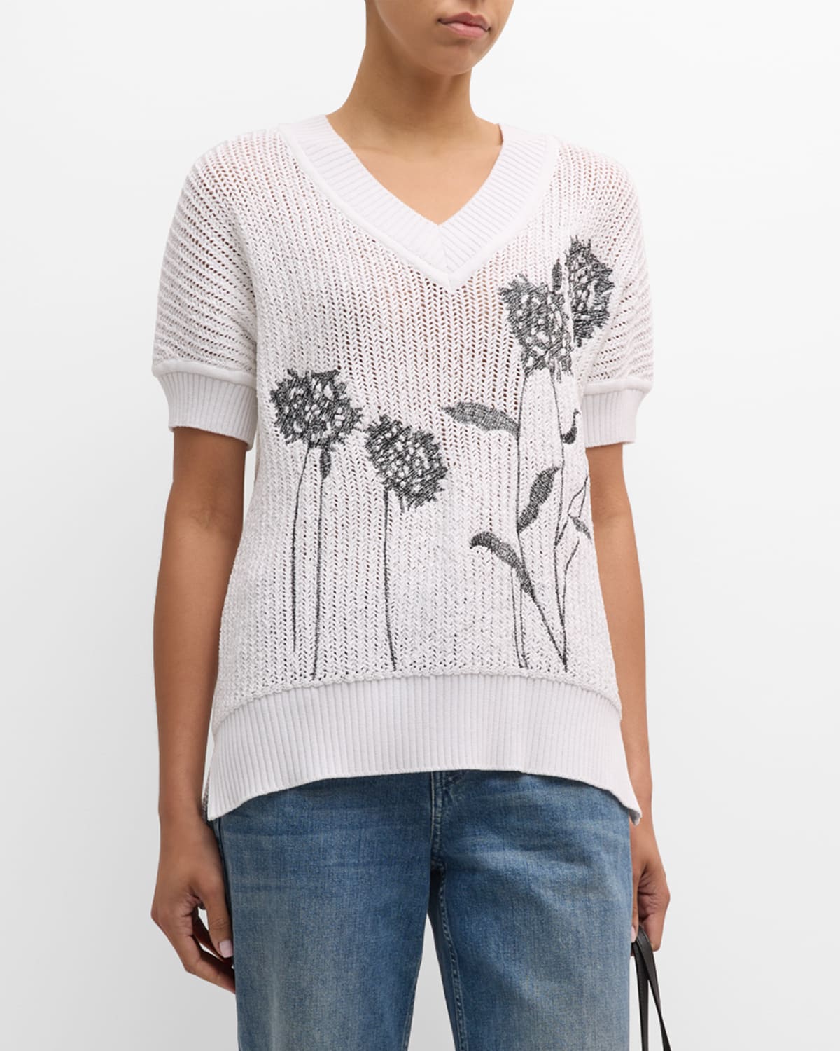 Shop Misook Floral-embroidered Crochet Knit Tunic In Black/white