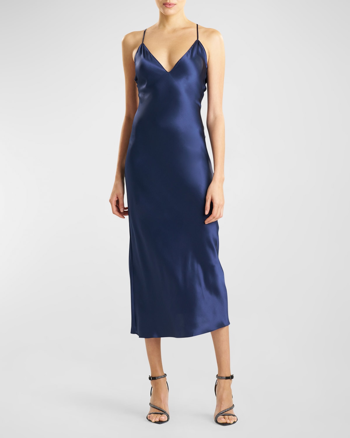 Shop Josie Natori Key Essentials Open-back Silk Maxi Nightgown In Midnight Navy