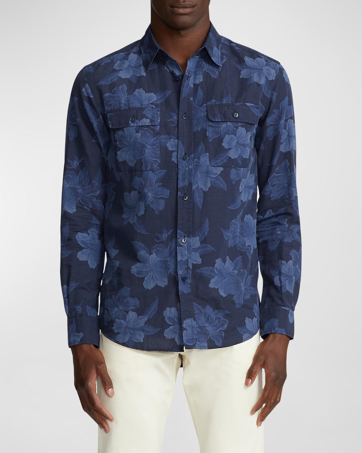 Shop Ralph Lauren Purple Label Men's Hibiscus-print Sport Shirt In Navy