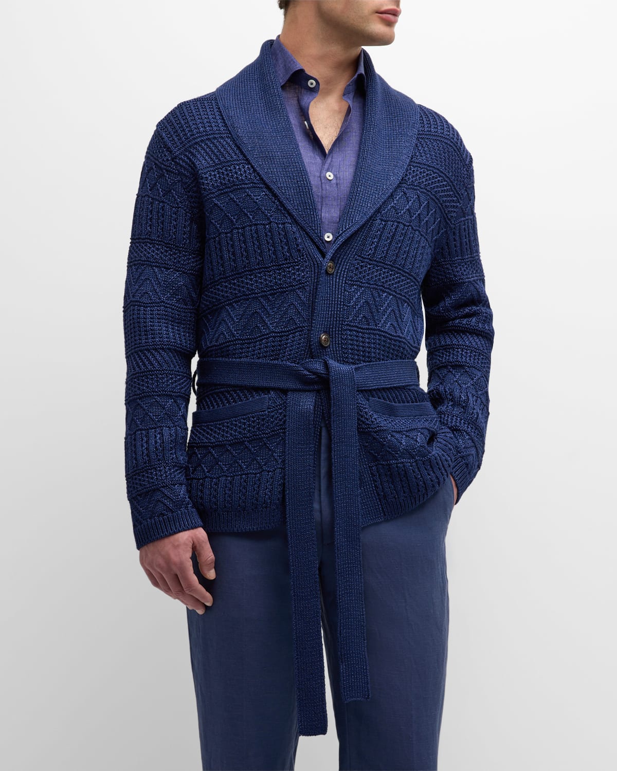 Shop Ralph Lauren Purple Label Men's Textured Silk-cotton Belted Cardigan In Navy Multi