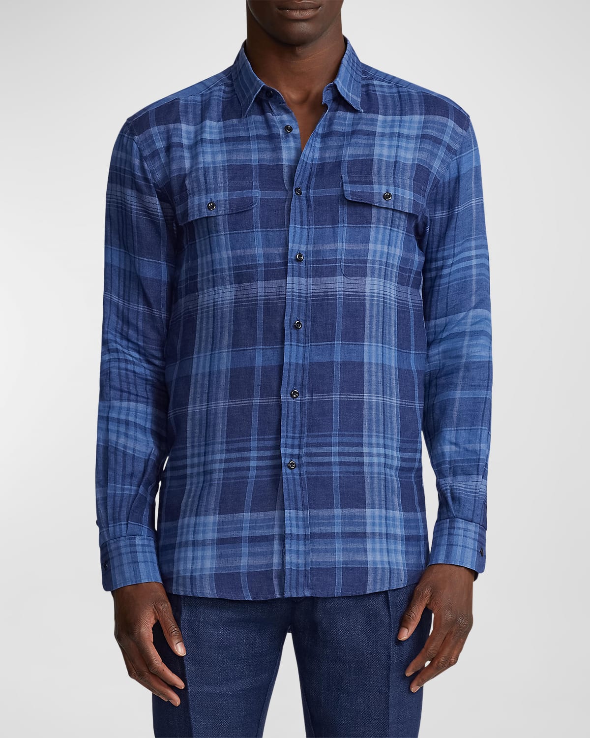 Shop Ralph Lauren Purple Label Men's Plaid Linen Sport Shirt In Indigo Multi