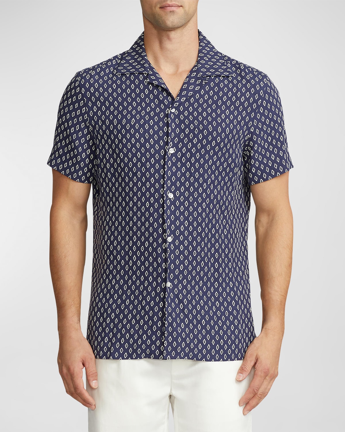 Shop Ralph Lauren Purple Label Men's Diamond-print Linen And Silk Camp Shirt In Navy