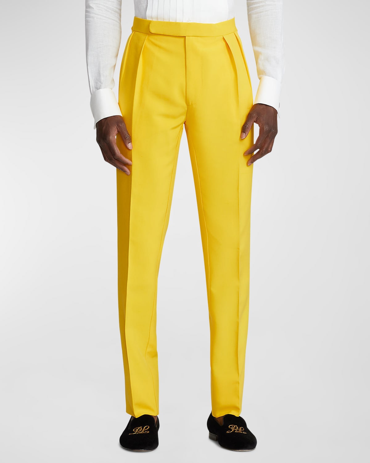 Shop Ralph Lauren Purple Label Men's Gregory Silk Pleated Trousers In Lemon Yellow