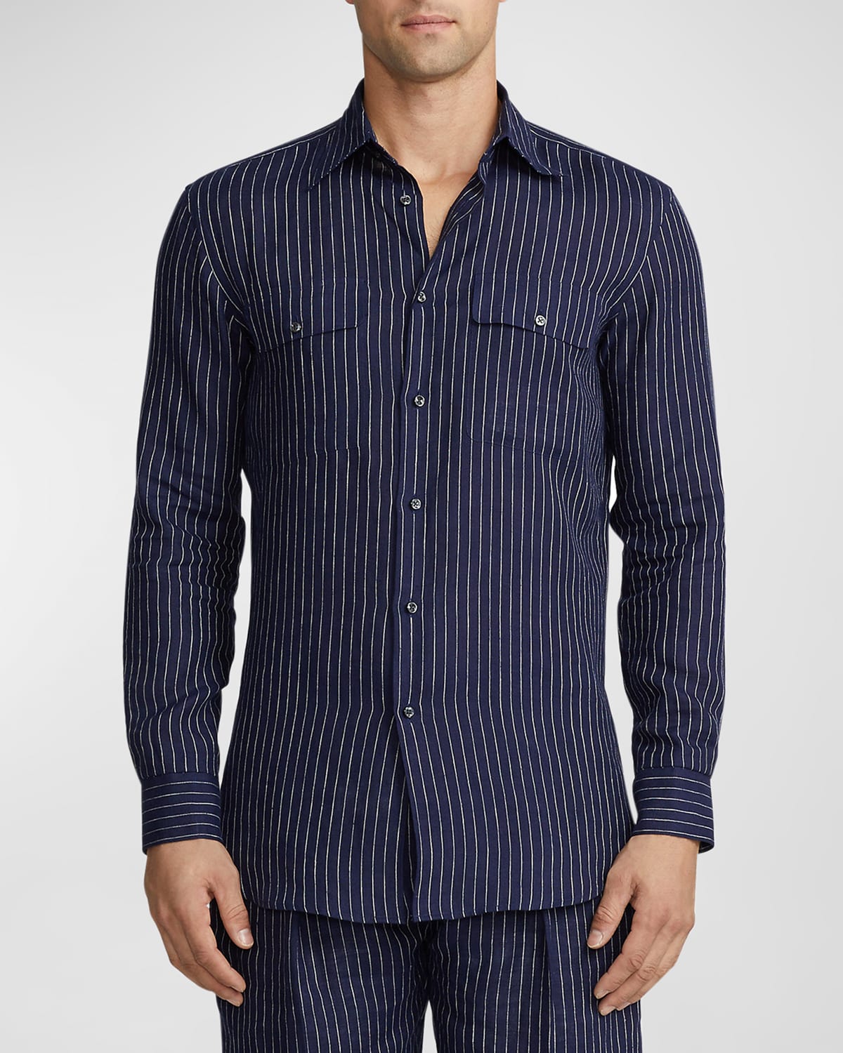 Shop Ralph Lauren Purple Label Men's Norfolk Pinstripe Button-down Shirt In Navy/cream