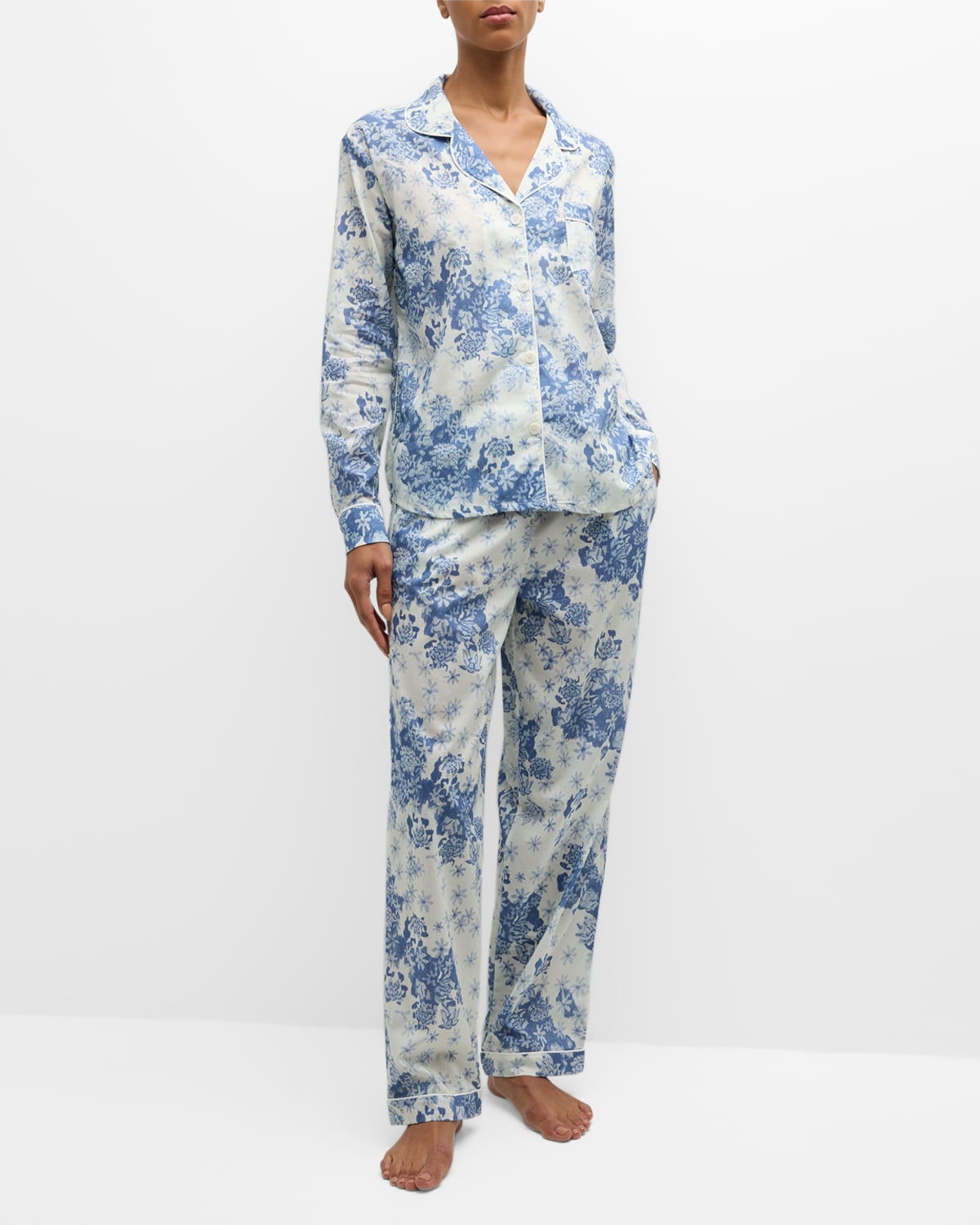 Shop Desmond & Dempsey Floral-print Cotton Pajama Set In Flowers Of Time Blue