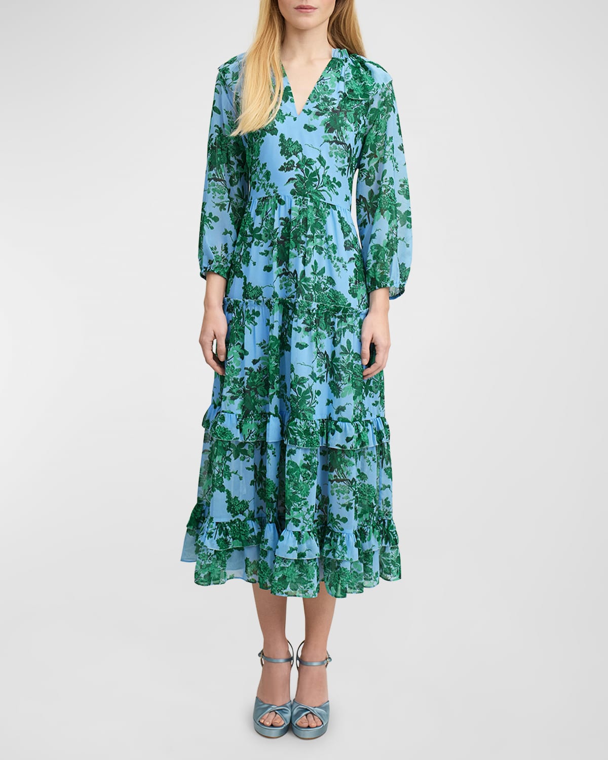 Shop Lk Bennett Eleanor Tiered Floral-print Ruffle Midi Dress In Blue