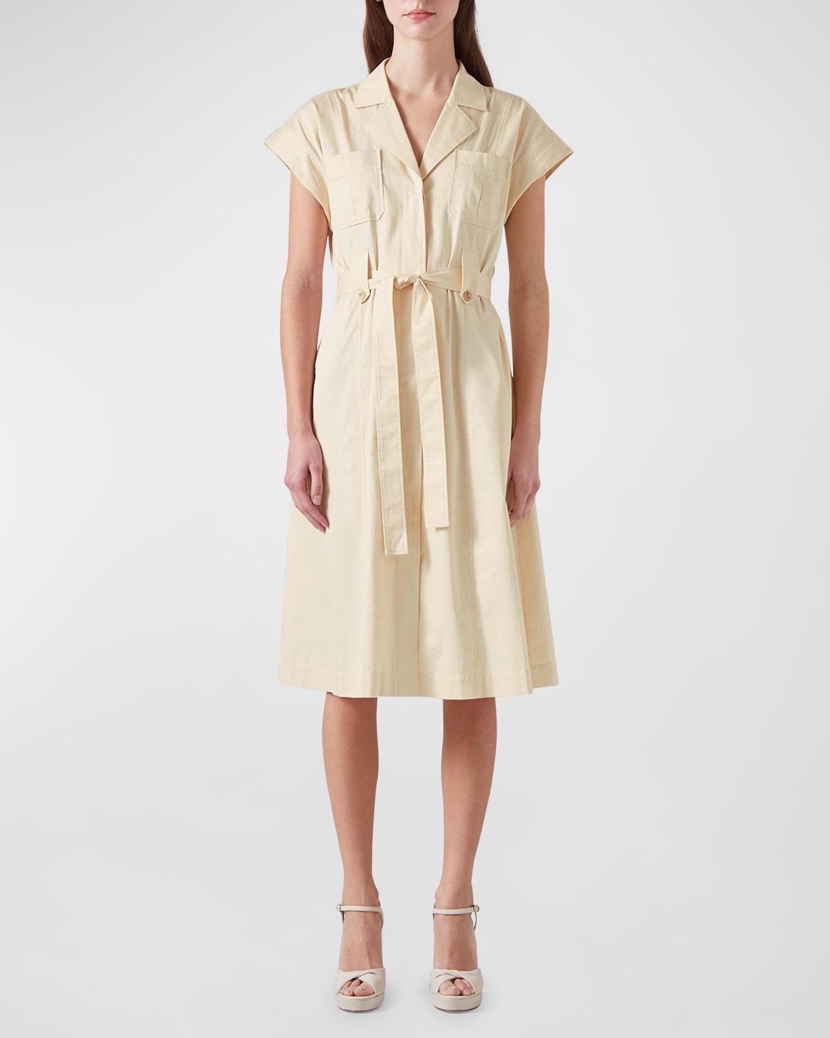Shop Lk Bennett Ivy Belted Cap-sleeve Cotton Utility Midi Dress In Ecru