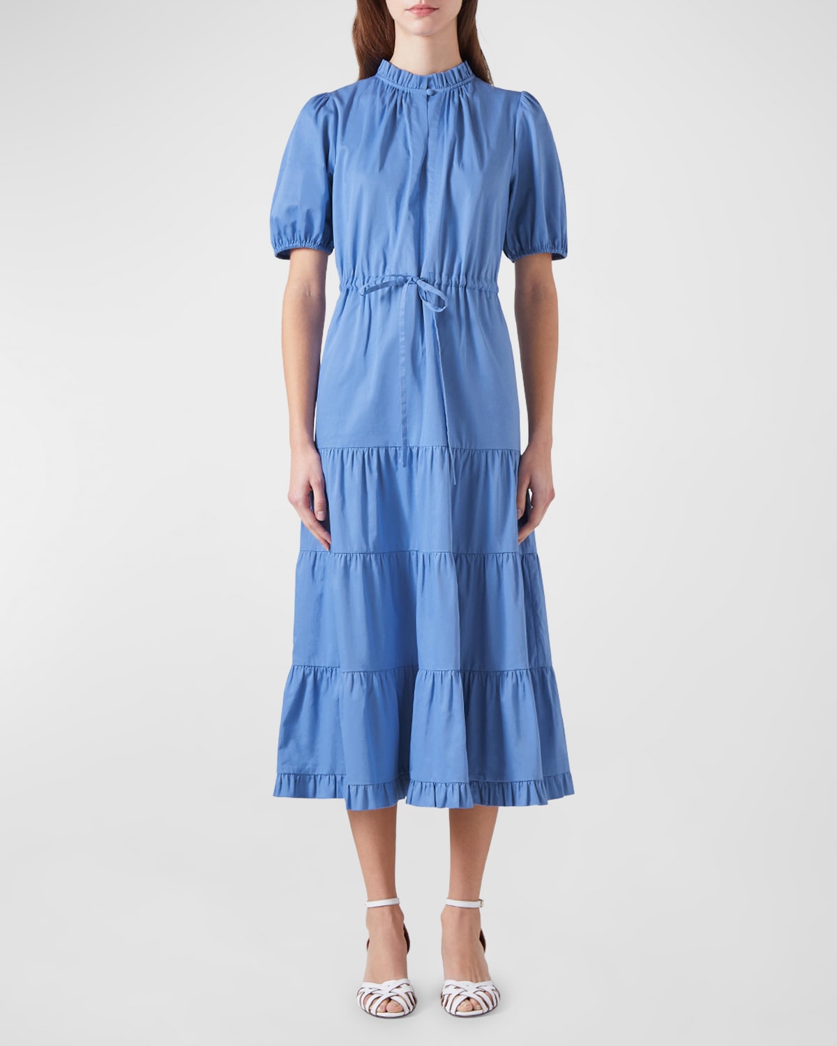 Shop Lk Bennett Hedy Tiered Ruffle-trim Cotton Midi Dress In Light Blue