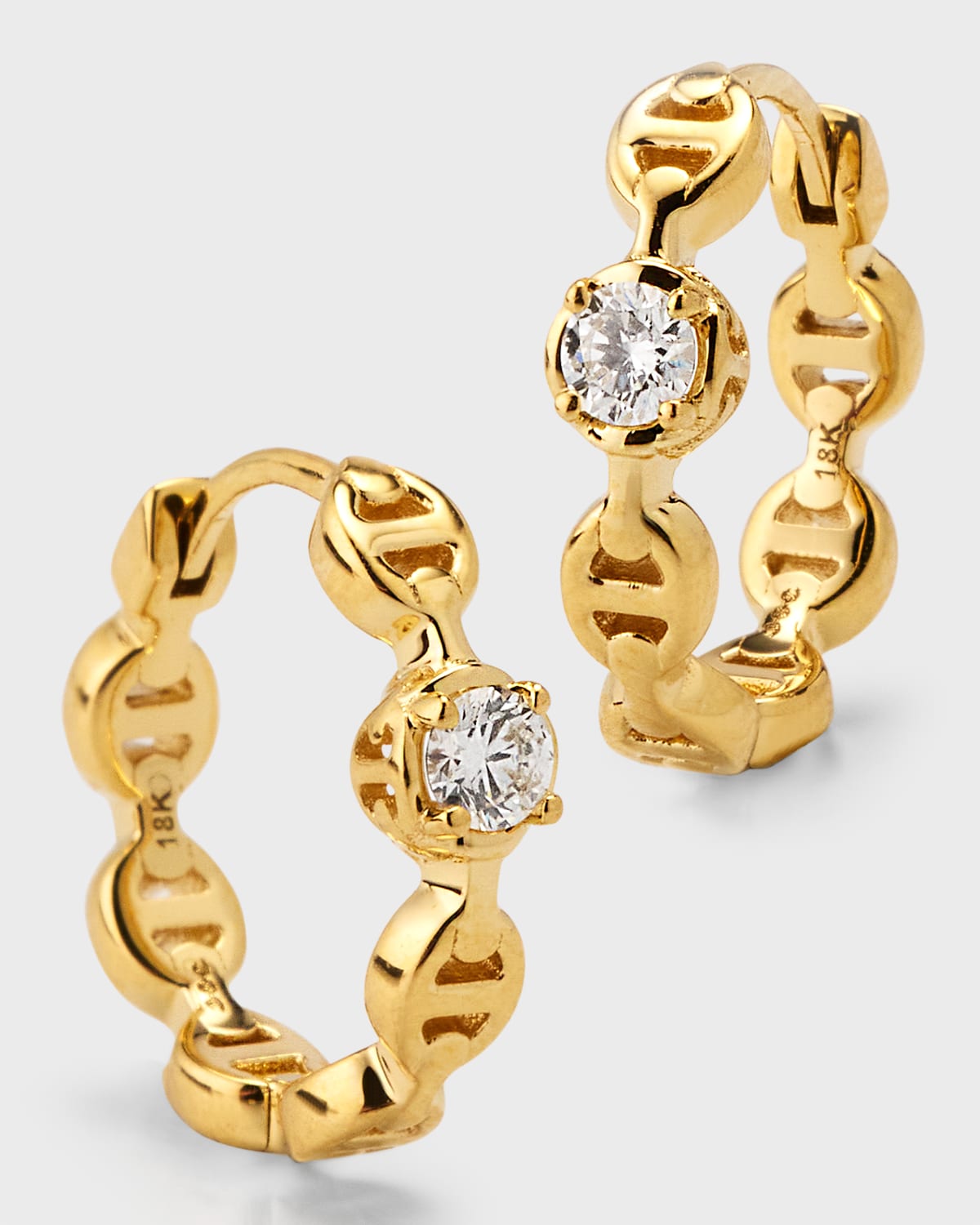 18K Yellow Gold 12MM Tri-Link Diamond Huggie Earrings