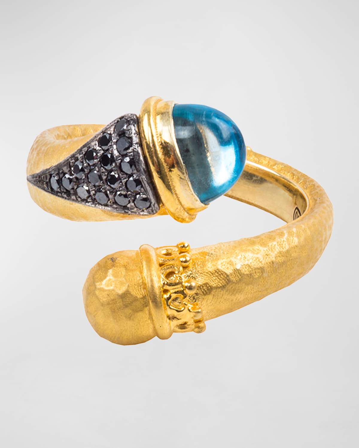 18k Swiss Blue Topaz Bypass Ring w/ Black Diamonds, Size 7