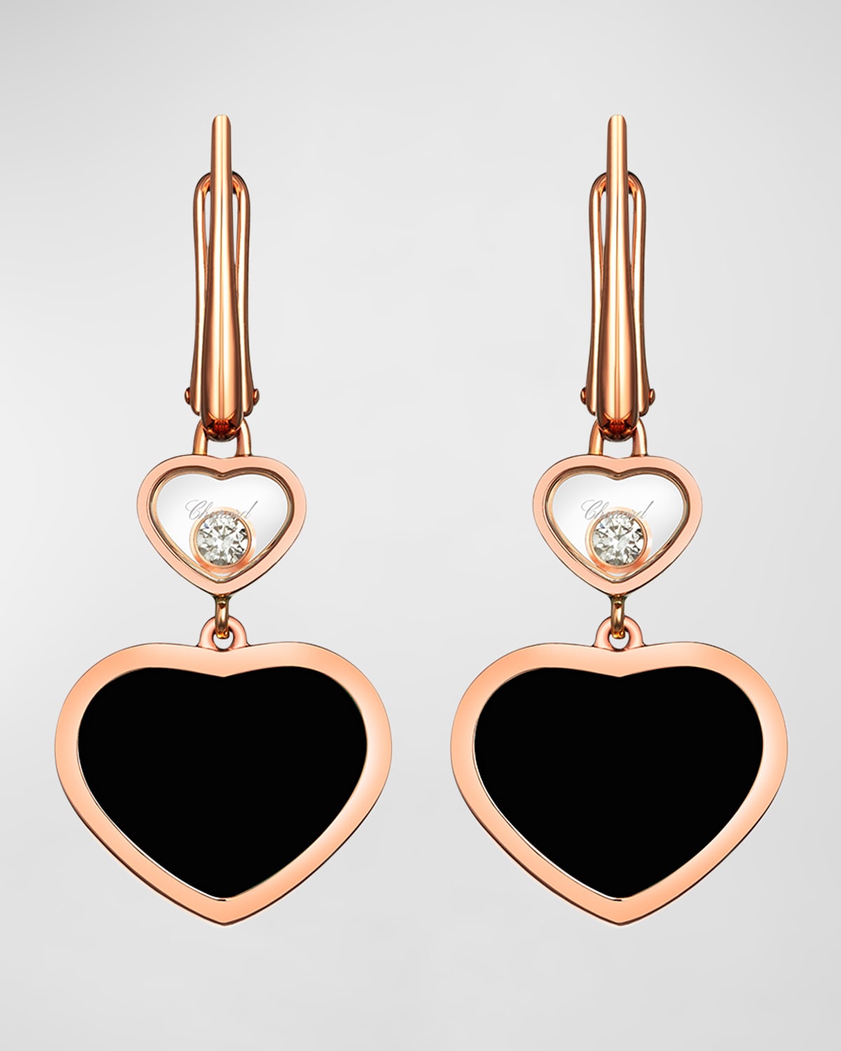 18K Rose Gold Happy Heart Onyx and Diamond Earrings