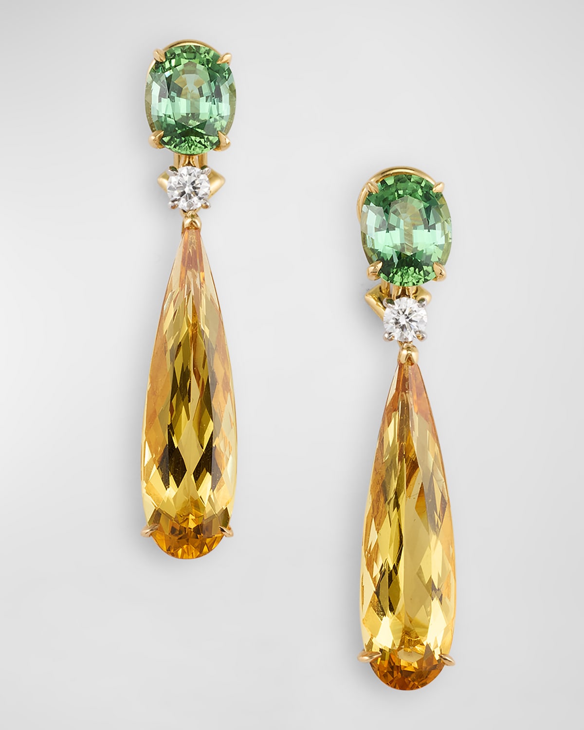 18K Yellow Gold and Platinum Clip Earrings with Beryl, Tourmaline and Diamonds