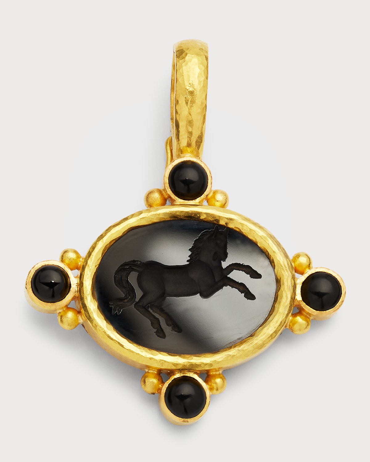 19K Yellow Gold Horizontal Oval Flat Onyx Rearing Horse Pendant