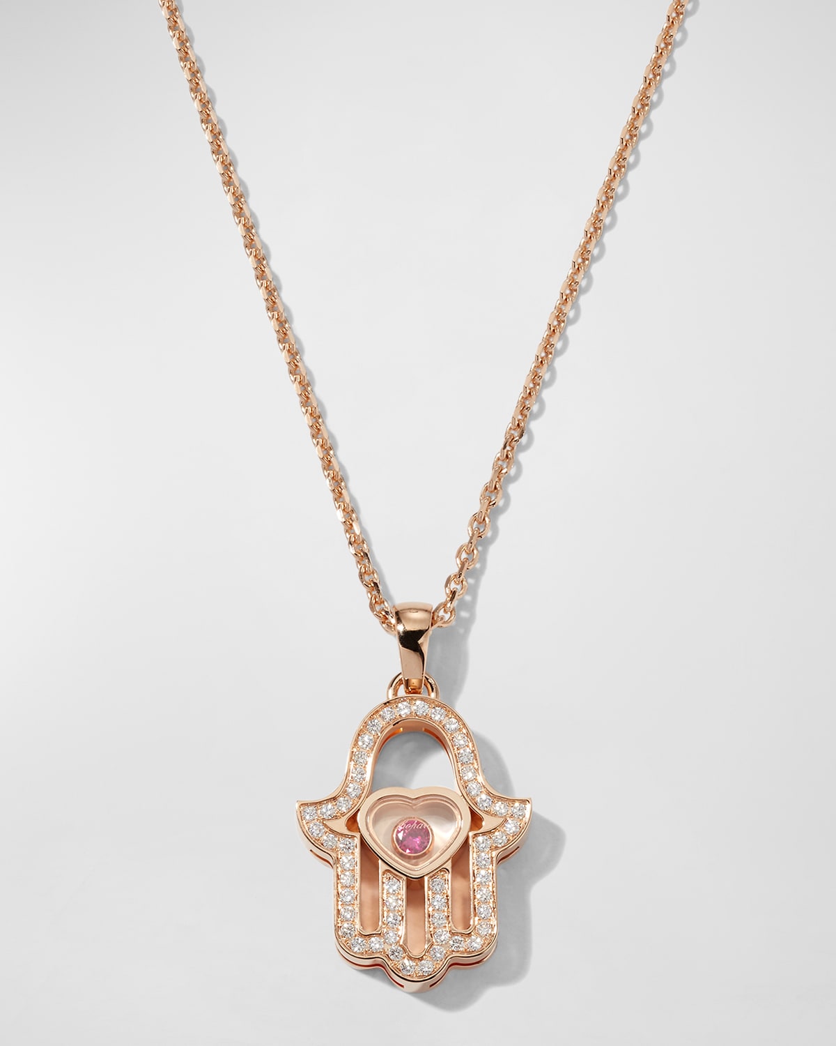 Diamond and Ruby Hamsa Pendant Necklace in 18K Rose Gold