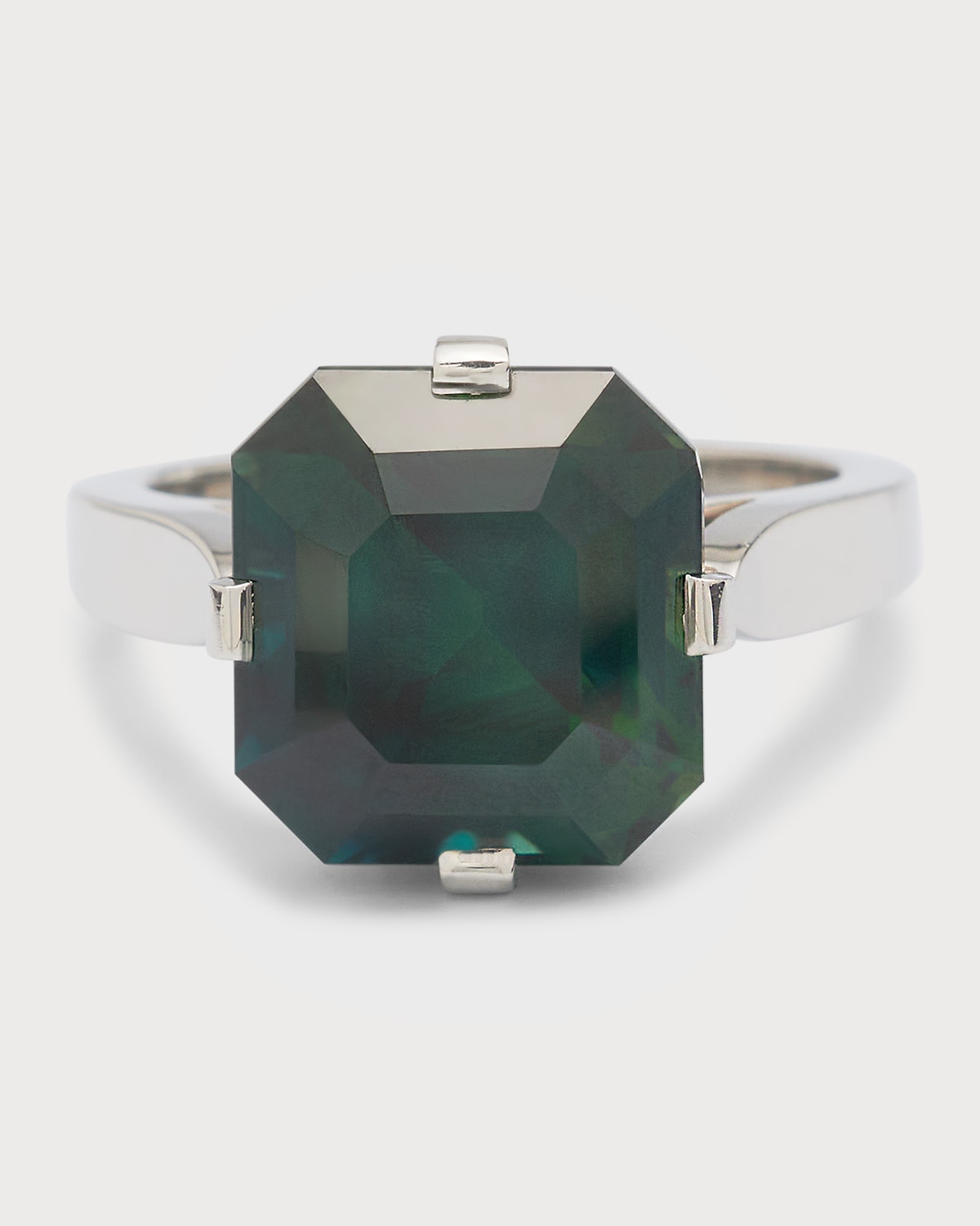 Platinum Emerald-Cut Natural Green Sapphire Ring, Size 5.75