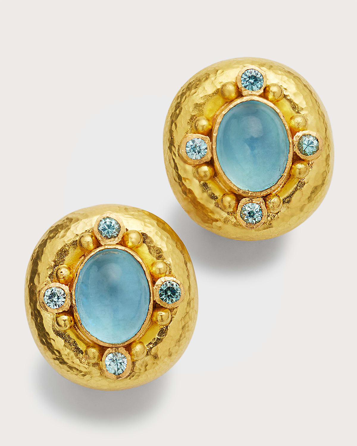 19K Yellow Gold Vertical Oval Cabochon Aquamarine Earrings with Blue Zircon