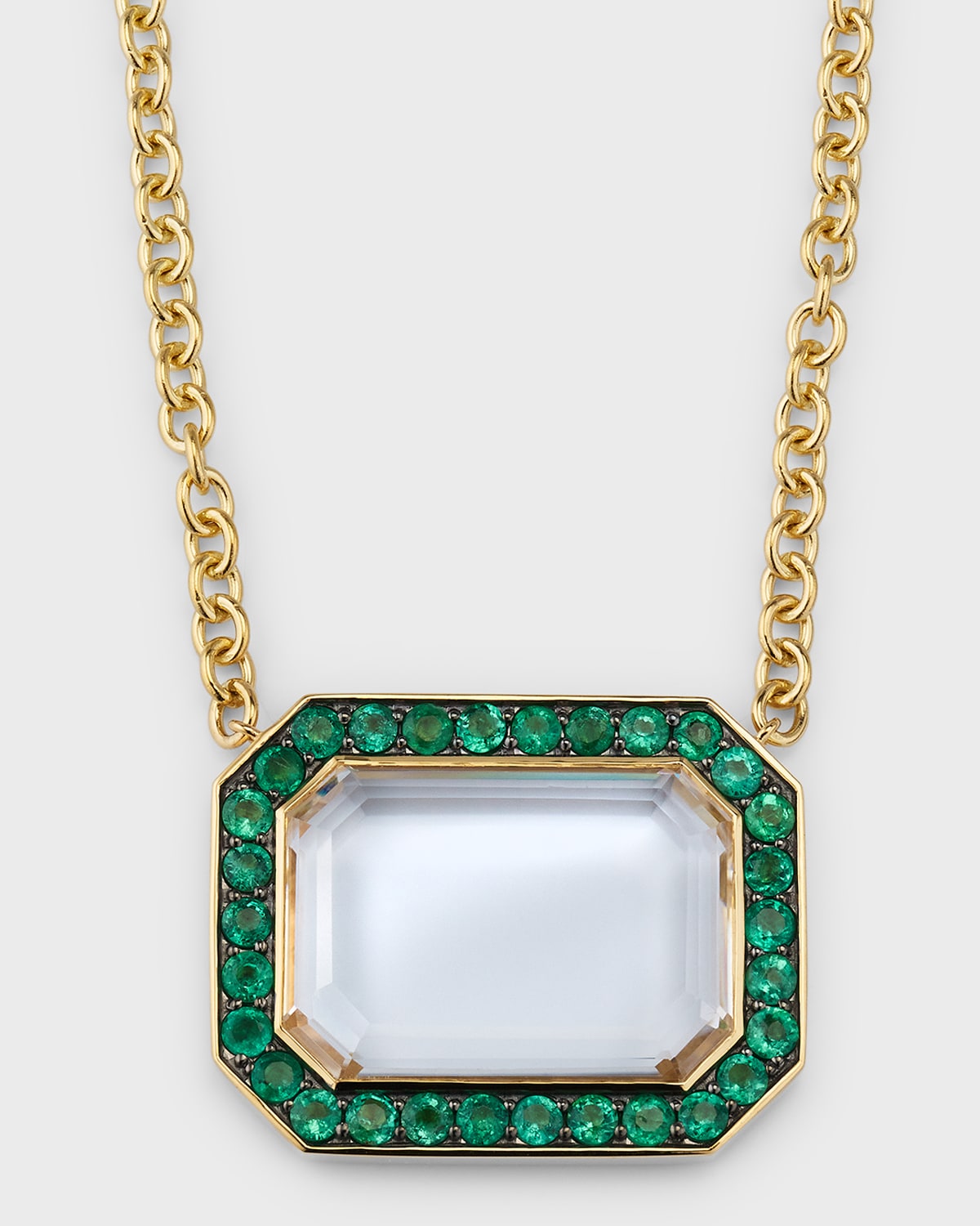 18K Emerald and Rock Crystal Octagonal Pendant Necklace