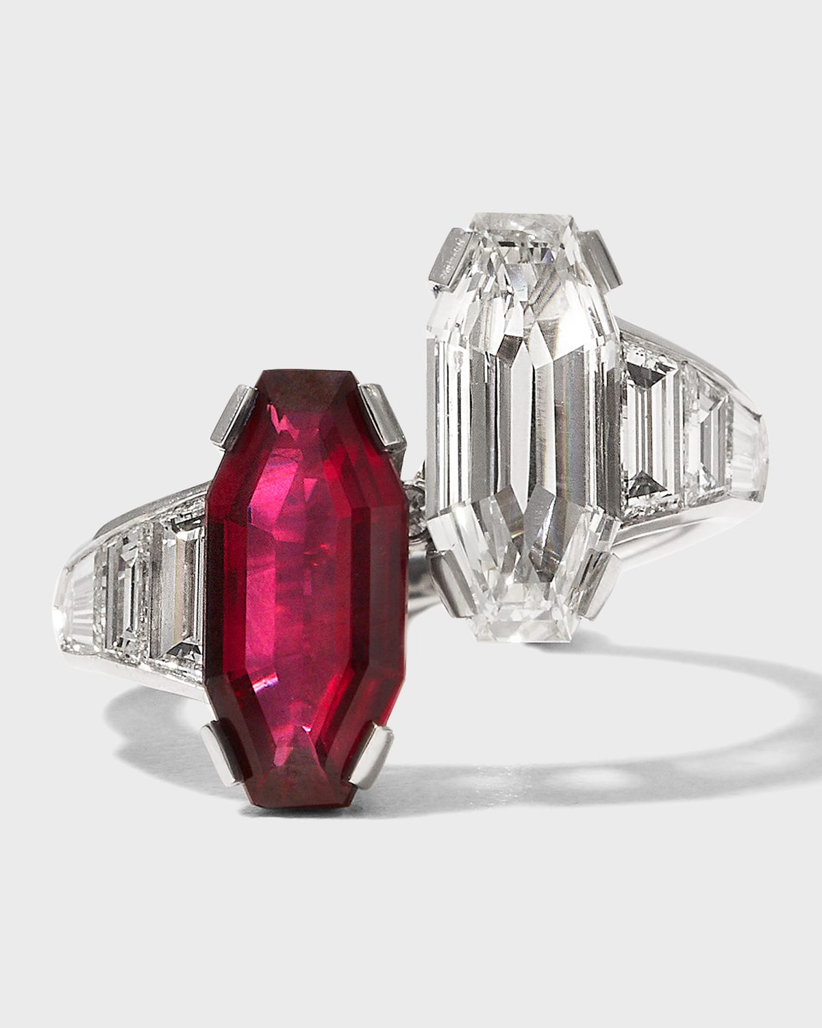 Bayco Platinum Emerald-cut Ruby And Diamond Twist Ring In Burgundy