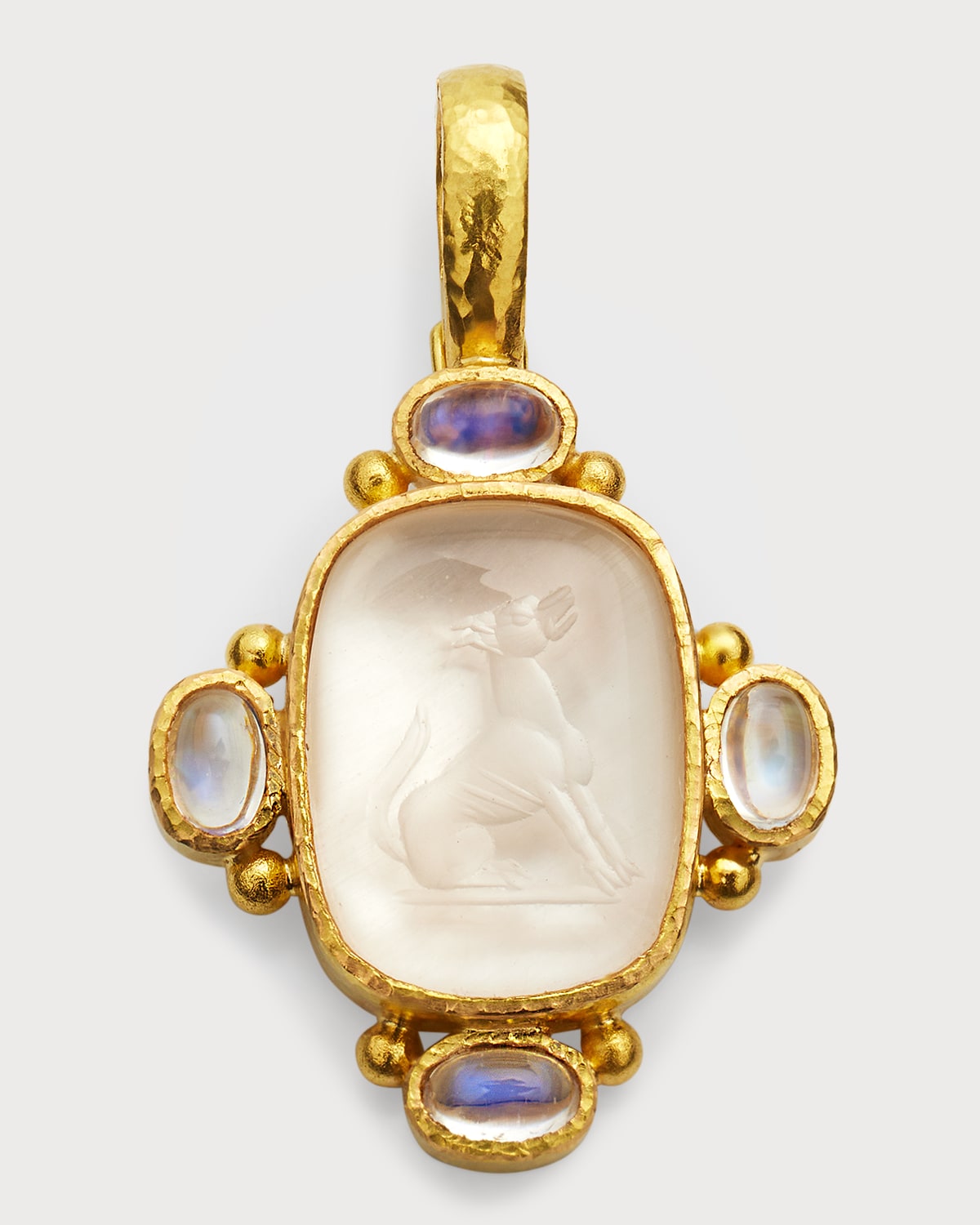 19K Rock Crystal Seated Whippet Cabochon Moonstone Pendant, 32x27mm