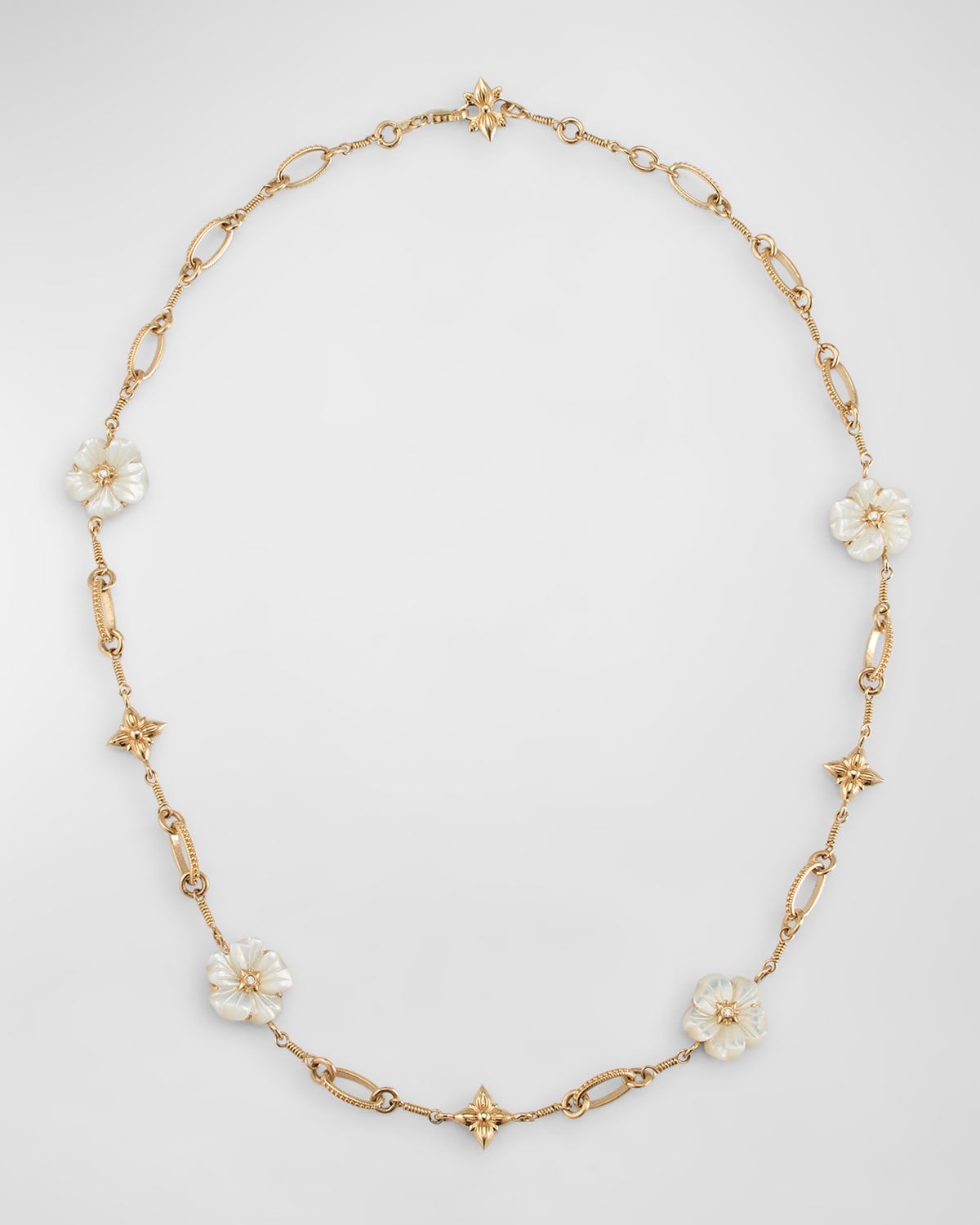 Carved Natural Mother of Pearl and Diamond Necklace in 18K Gold