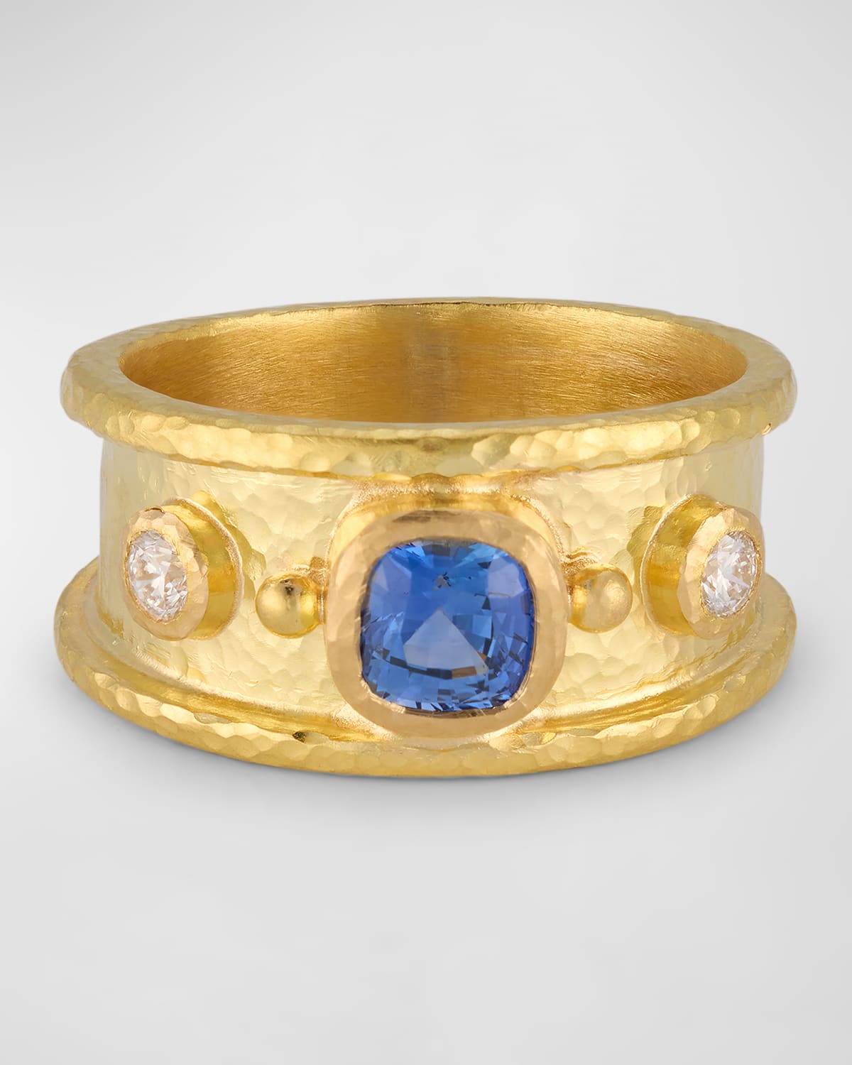 19K Yellow Gold Medium Square Blue Sapphire and Diamond Cigar Band Ring, Size 6.5