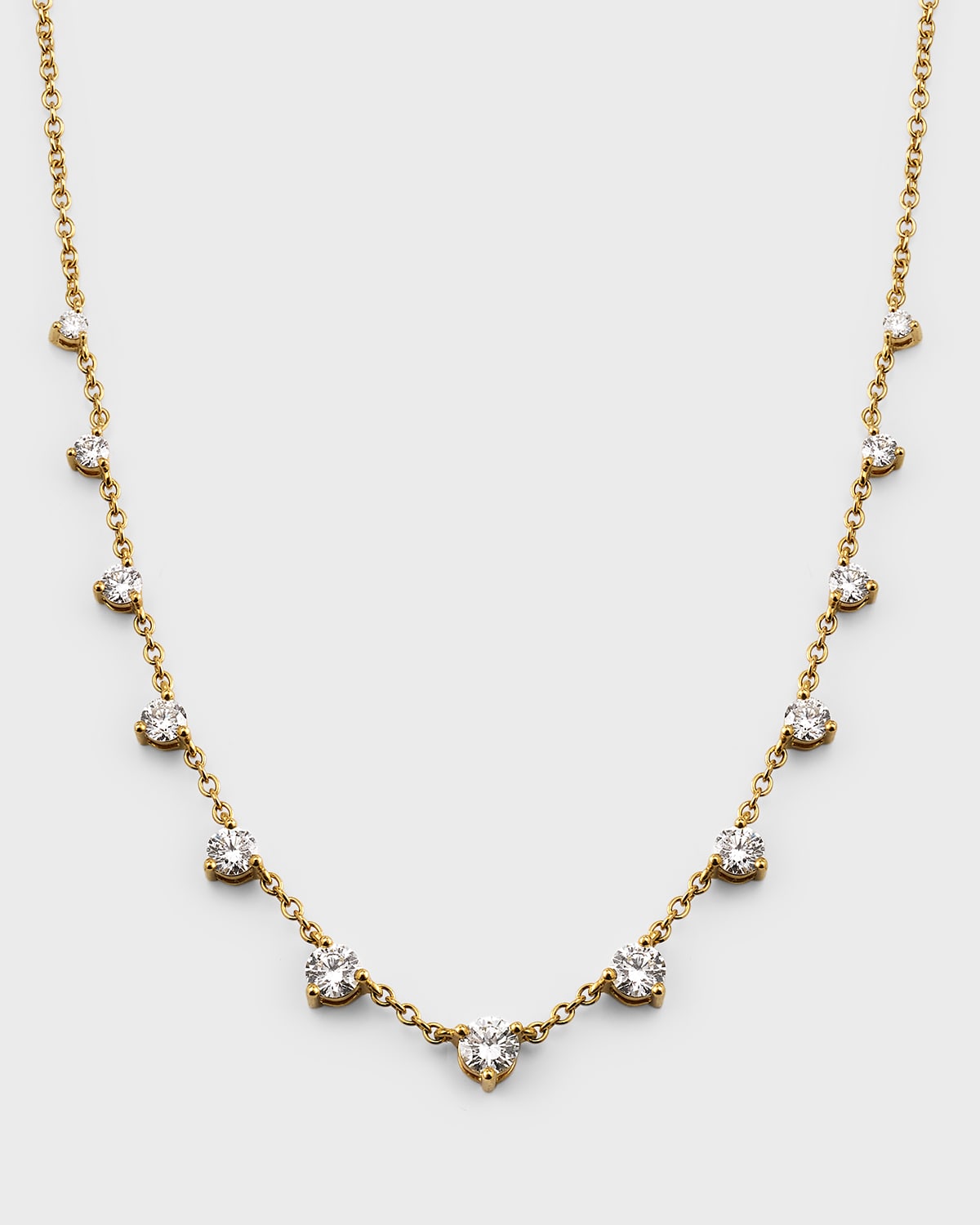 18K Yellow Gold 13 Round Diamond Three Prong Necklace, 18"L, 0.82tcw