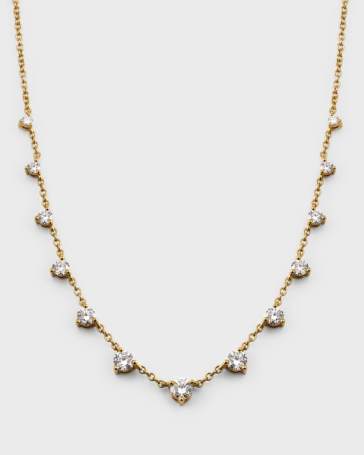 18K Yellow Gold 13 Round Diamond Three Prong Necklace, 18"L, 0.82tcw