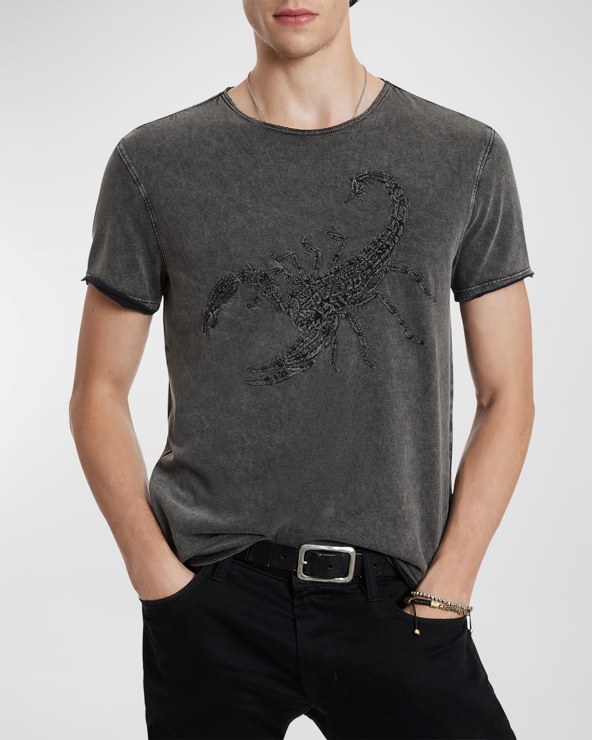 Shop John Varvatos Men's Raw-edge Embroidered Scorpion T-shirt In Charcoal