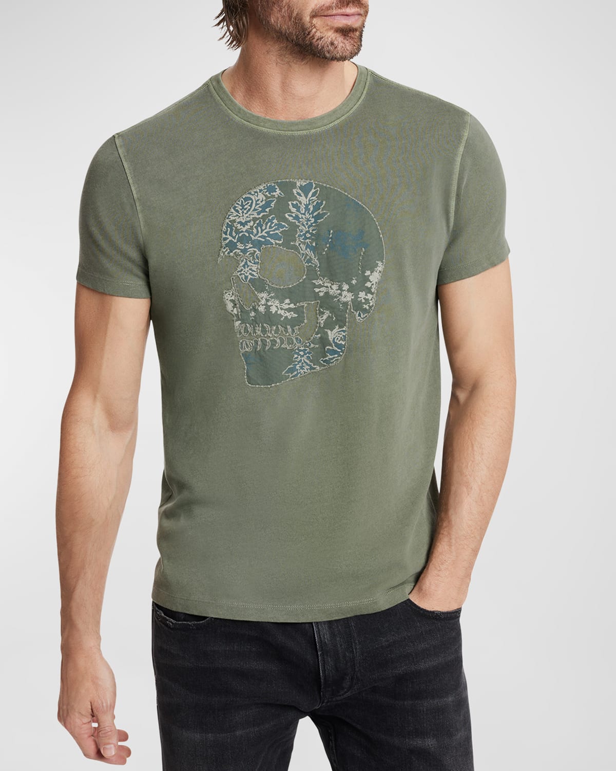 Shop John Varvatos Men's Floral Skull Applique T-shirt In Flagstone Grey