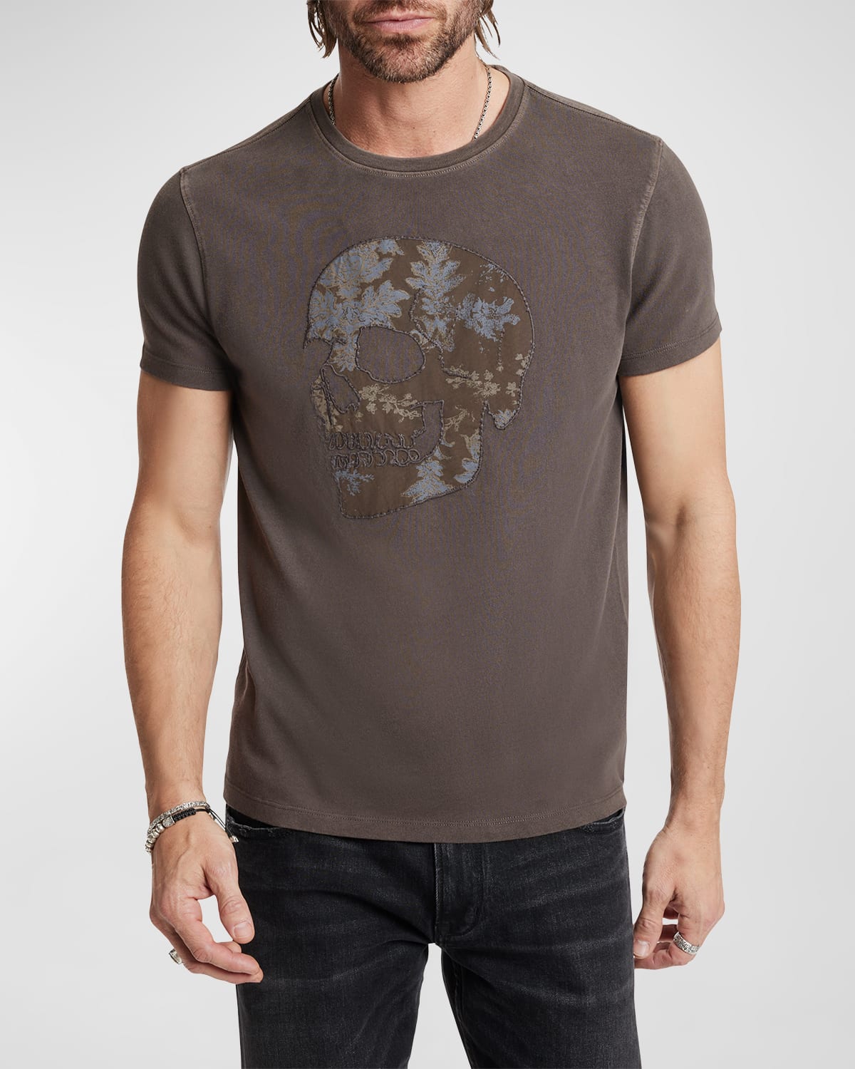 Shop John Varvatos Men's Floral Skull Applique T-shirt In Kalamata