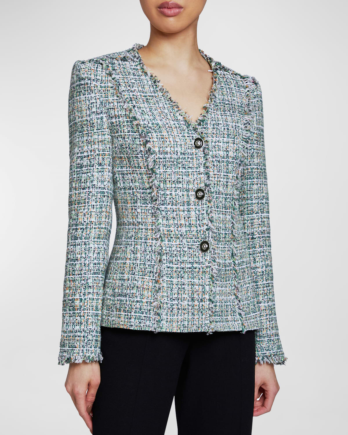 Shop Santorelli Georgia Fringe-trim Tweed Jacket In Moss